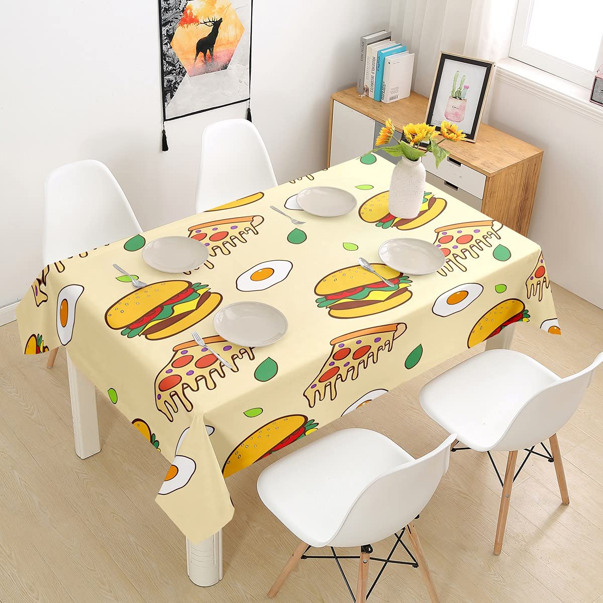 Waterproof Fast Food Print Tablecloth - Hamburger & Pizza Design Wrinkle-Free Stain-Resistant Rectangular Table Cover for Kitchen Dining Room (55x94 Inch) - Perfect for Parties, BBQs & Family Gatherings