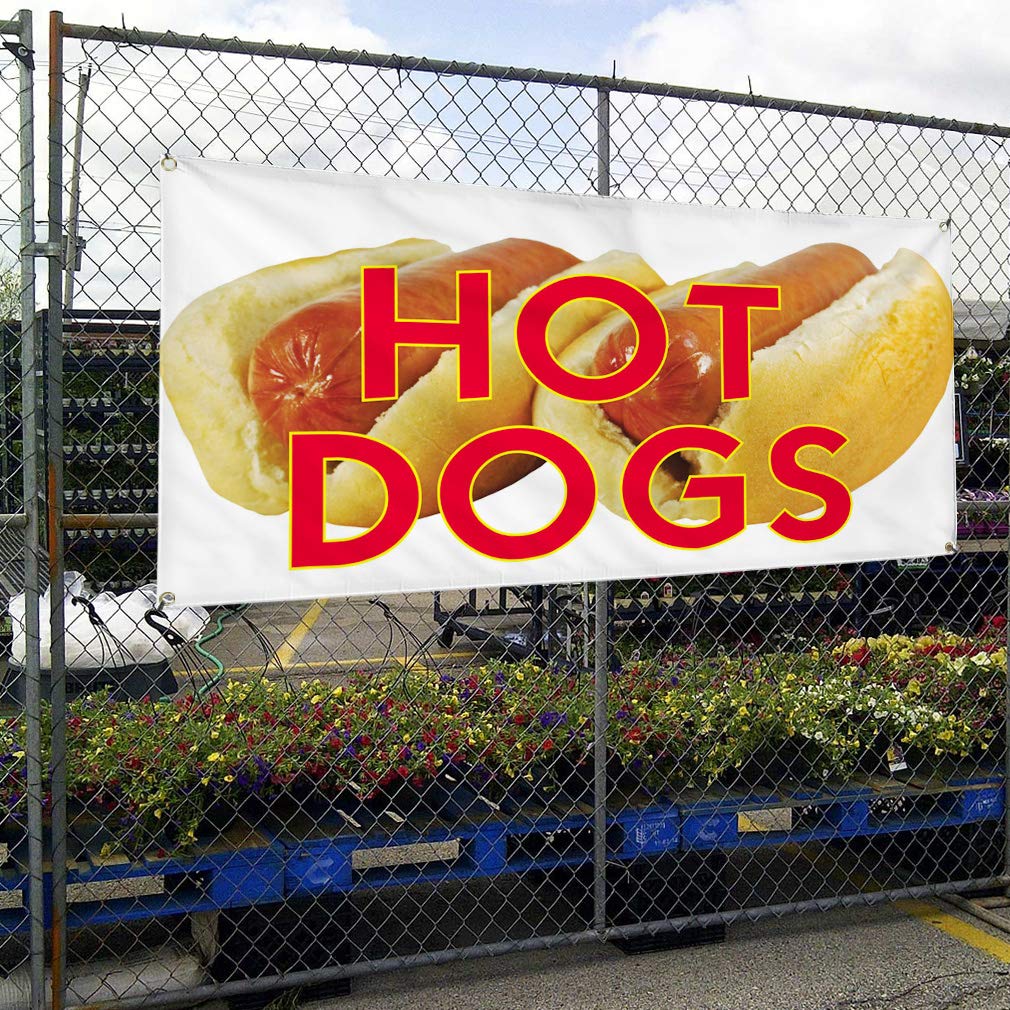 Custom 48x96 Inch Weatherproof Vinyl Banner for Hot Dogs - Heavy Duty Outdoor Advertising Sign with 8 Grommets - Ideal for Restaurants, Food Trucks & Yard Sales - All-Weather Durable Printing - Perfect for Outdoor Events, Street Vendors & Promotional Displays