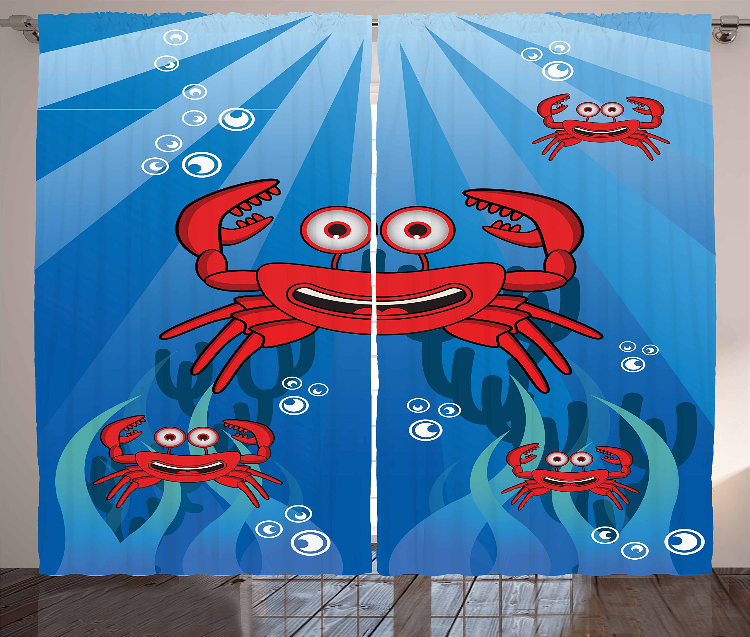 Ambesonne Funny Crab Curtains - Underwater Theme with Smiling Crabs, Bubbles, Coral & Sun Rays - 2 Panel Set for Living Room & Bedroom (108x90 Inches, Blue & Red) - Perfect for Coastal Decor, Beach House & Kids Room