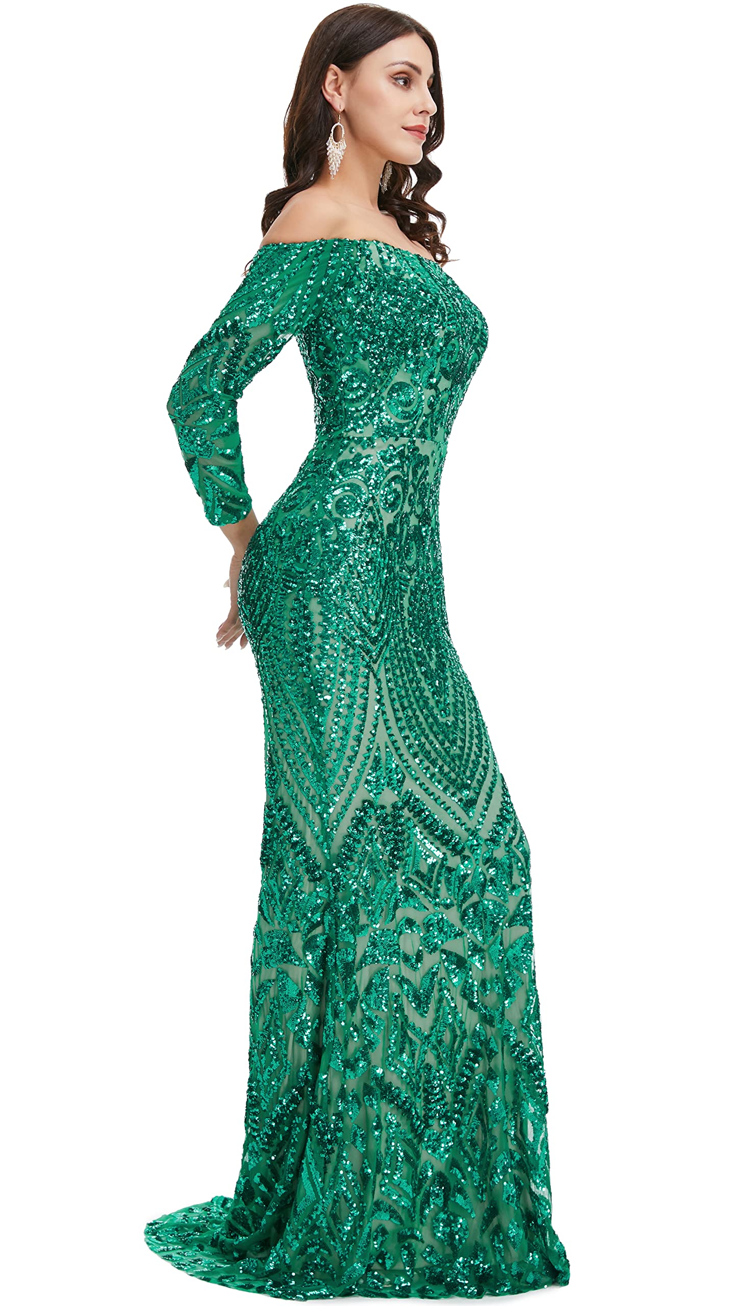 Elegant Women's Bateau Neck Long Sleeve Sequin Mermaid Evening Gown for Prom, Wedding, and Formal Events