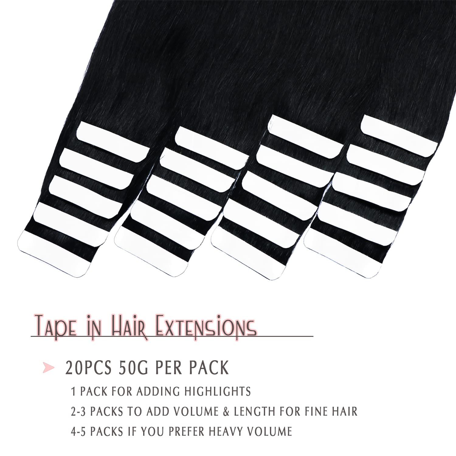 SURNEL 18 Inch Tape in Hair Extensions - 20pcs 50g Human Hair #1 Jet Black - Remy Straight Hair Extensions for Length & Volume - Perfect for Parties, Weddings & Everyday Styling