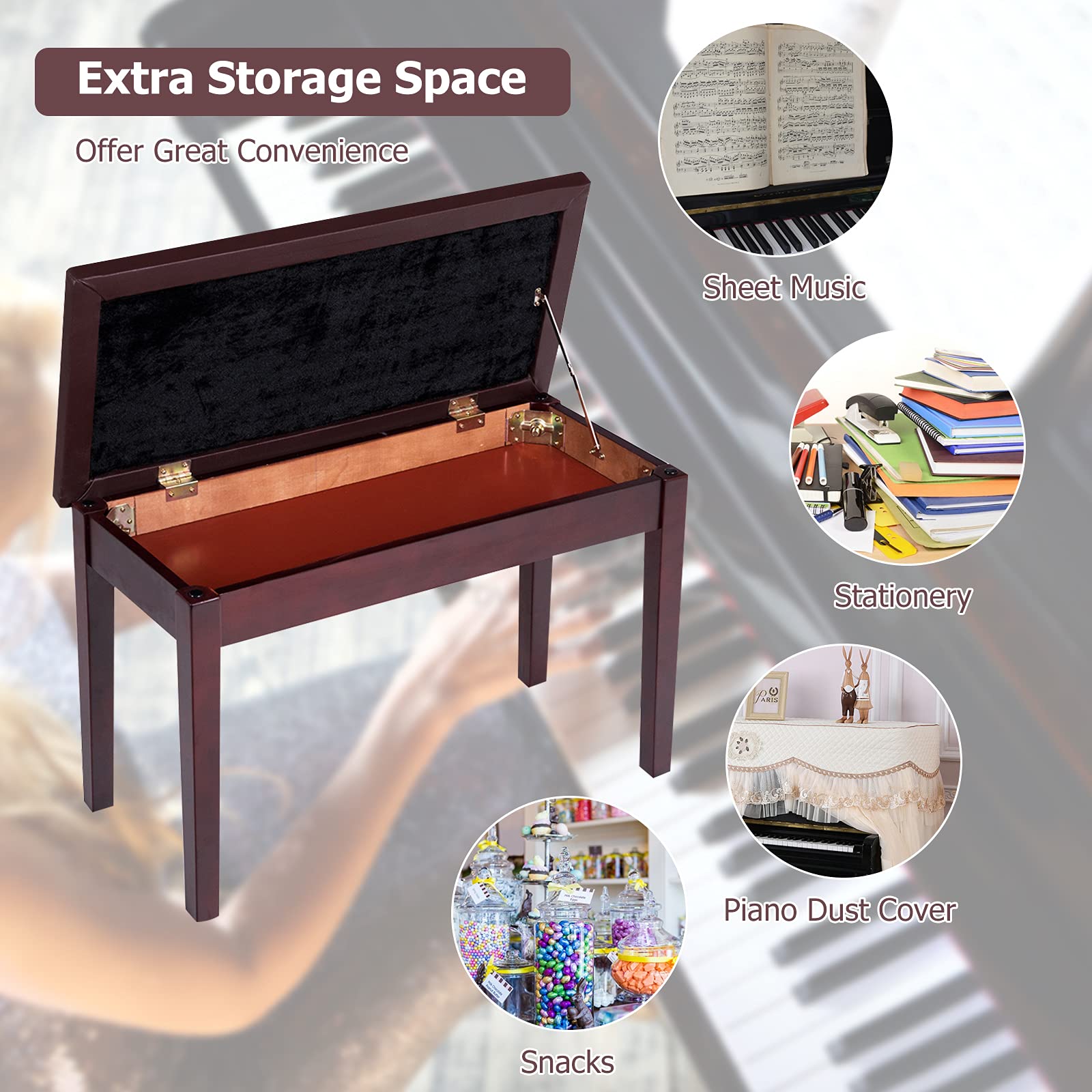 Premium PU Leather Piano Bench with Storage - Adjustable Double Duet Seat & Padded Cushion - Sturdy Wooden Legs - Perfect for Professional Pianists, Home Practice, Music Studios & Concert Halls (CF)