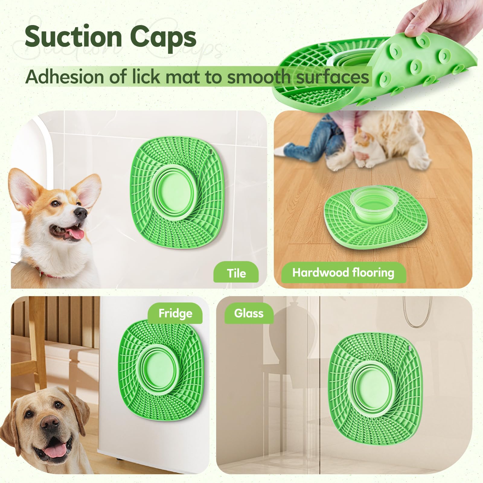 3-in-1 Slow Feeder Licking Mat for Dogs & Cats - Anxiety Relief Lick Pad with Suction Cups, Foldable Water Bowl for Healthy Eating | Perfect for Bathing, Grooming, Training & Mealtime Enrichment (Green)