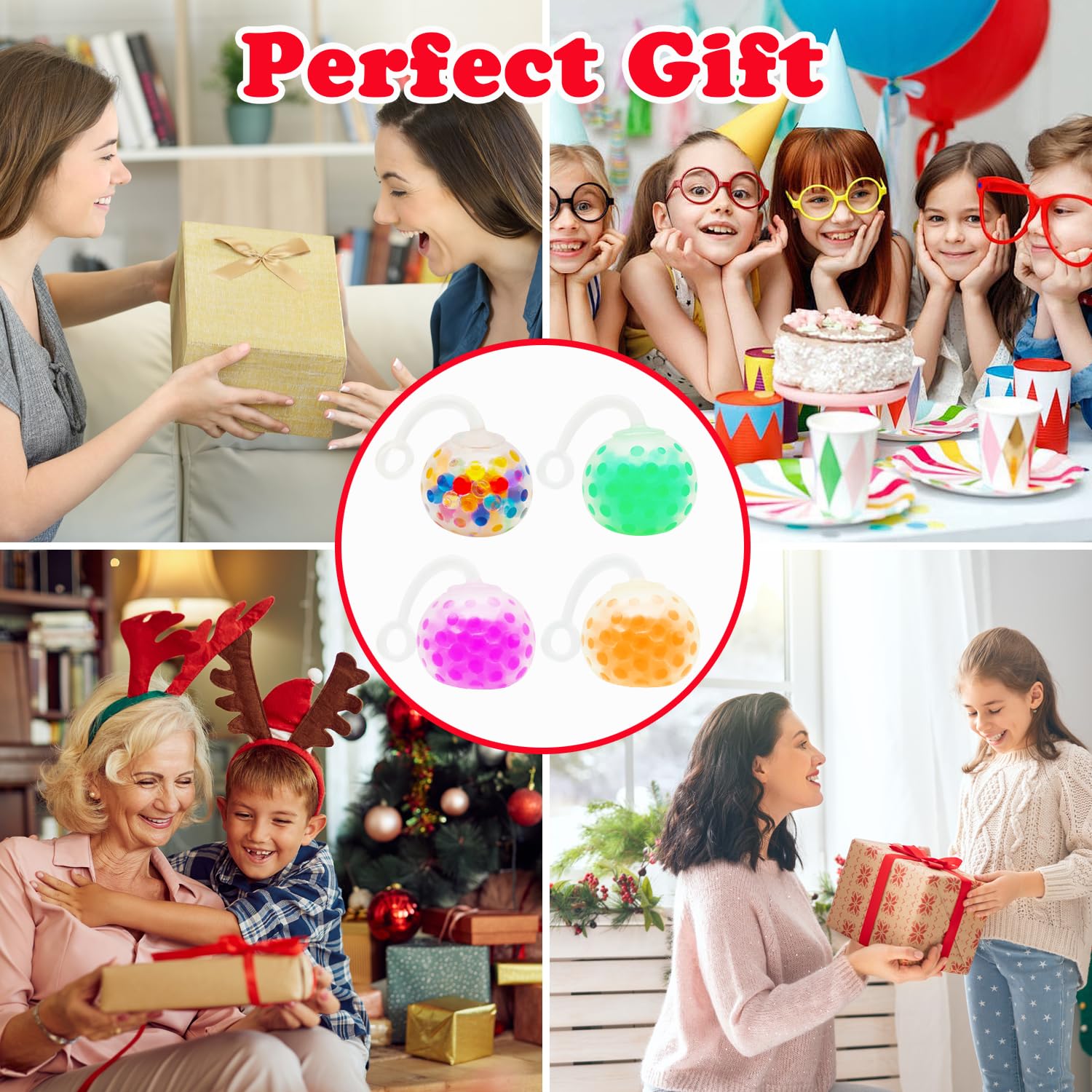 4-Piece Stress Relief Ball Set - Sensory Fidget Toys for Adults & Kids - Squishy Anti-Anxiety Toys for Birthday, Christmas Gifts - Perfect for Office, School, and Home Relaxation