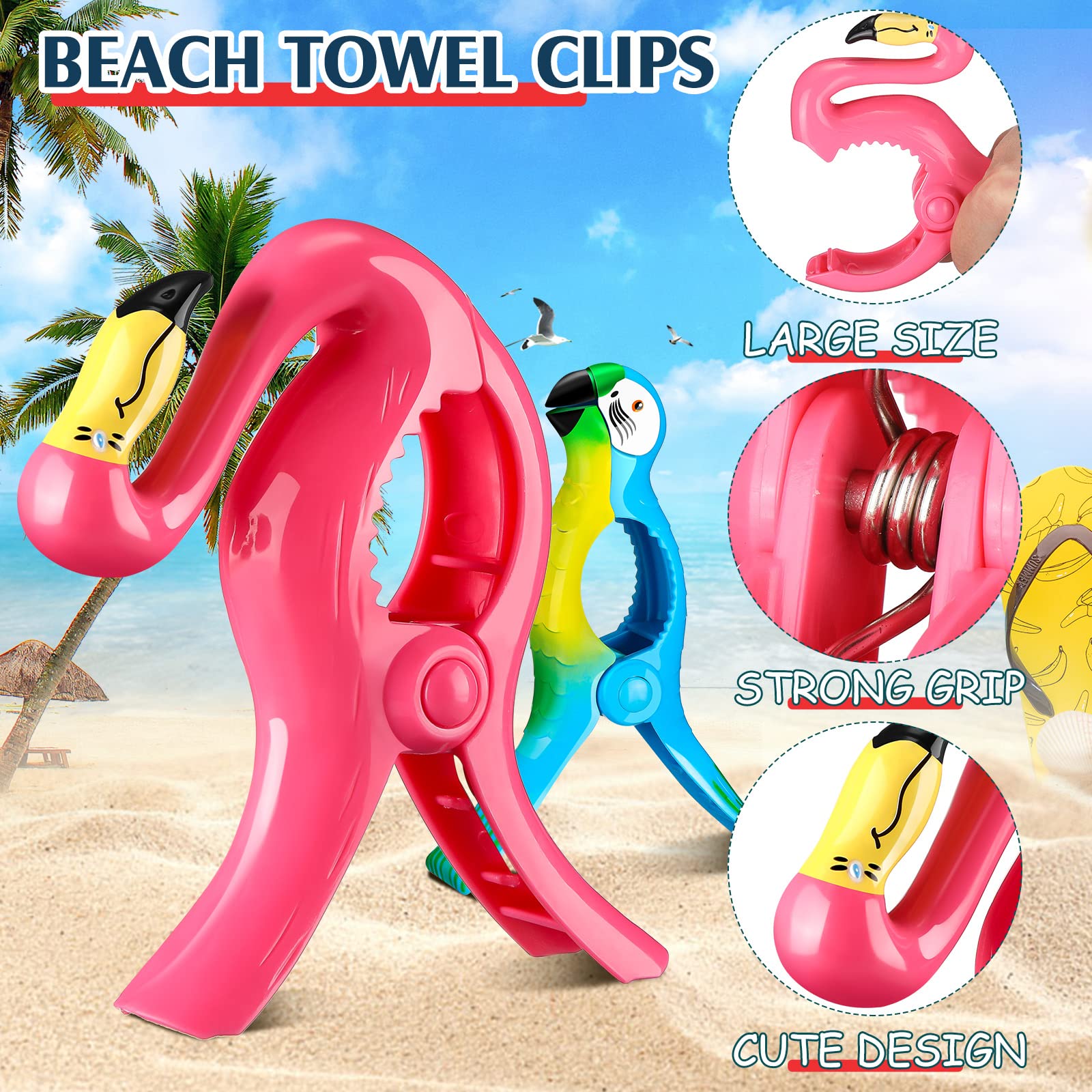 8 Pcs Heavy Duty Beach Towel Clips for Chairs - Flamingo & Parrot Design, Jumbo Size Pool Towel Holders for Cruise Ship, Travel, and Outdoor Use (Pink, Blue, Flamingo, Parrot) - Perfect for Beach, Poolside, and Vacation Essentials