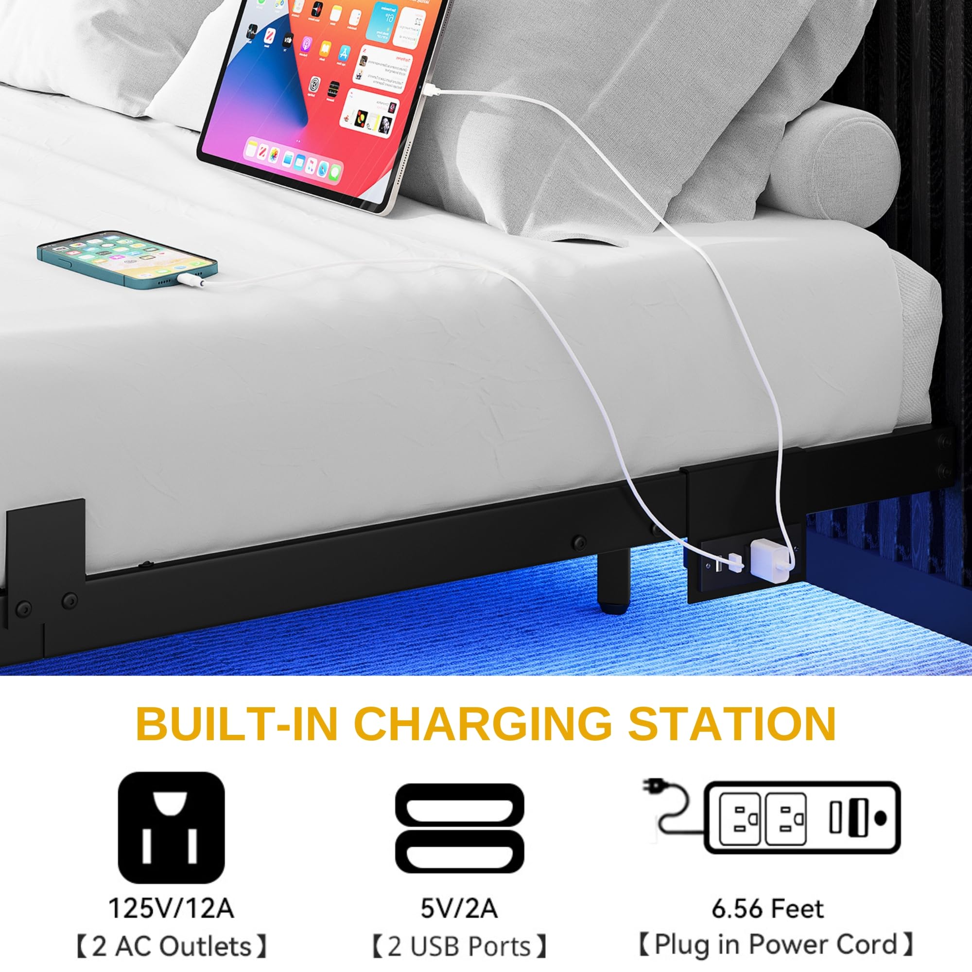 DWVO Queen Size Floating LED Bed Frame with USB Port - Heavy Duty Metal Platform Bed with Steel Slats, No Box Spring Needed - Easy Assembly, Black - Perfect for Modern Bedrooms & Smart Home Setup
