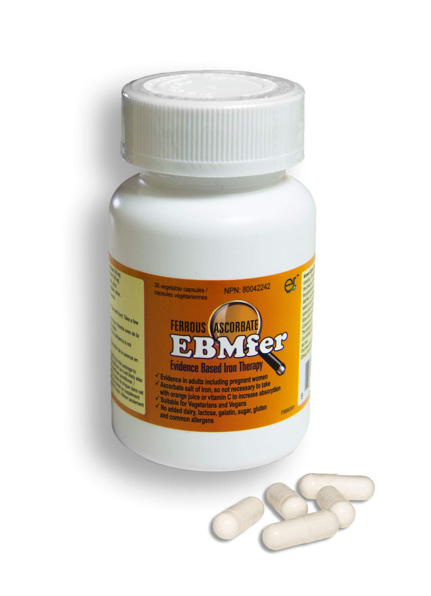 EBMfer 100 mg Iron Ferrous Ascorbate Supplement - 30 Vegan Capsules with Vitamin C for High Absorption - Gentle on Stomach - Supports Iron Deficiency Anemia - Ideal for Vegetarians & Active Lifestyles