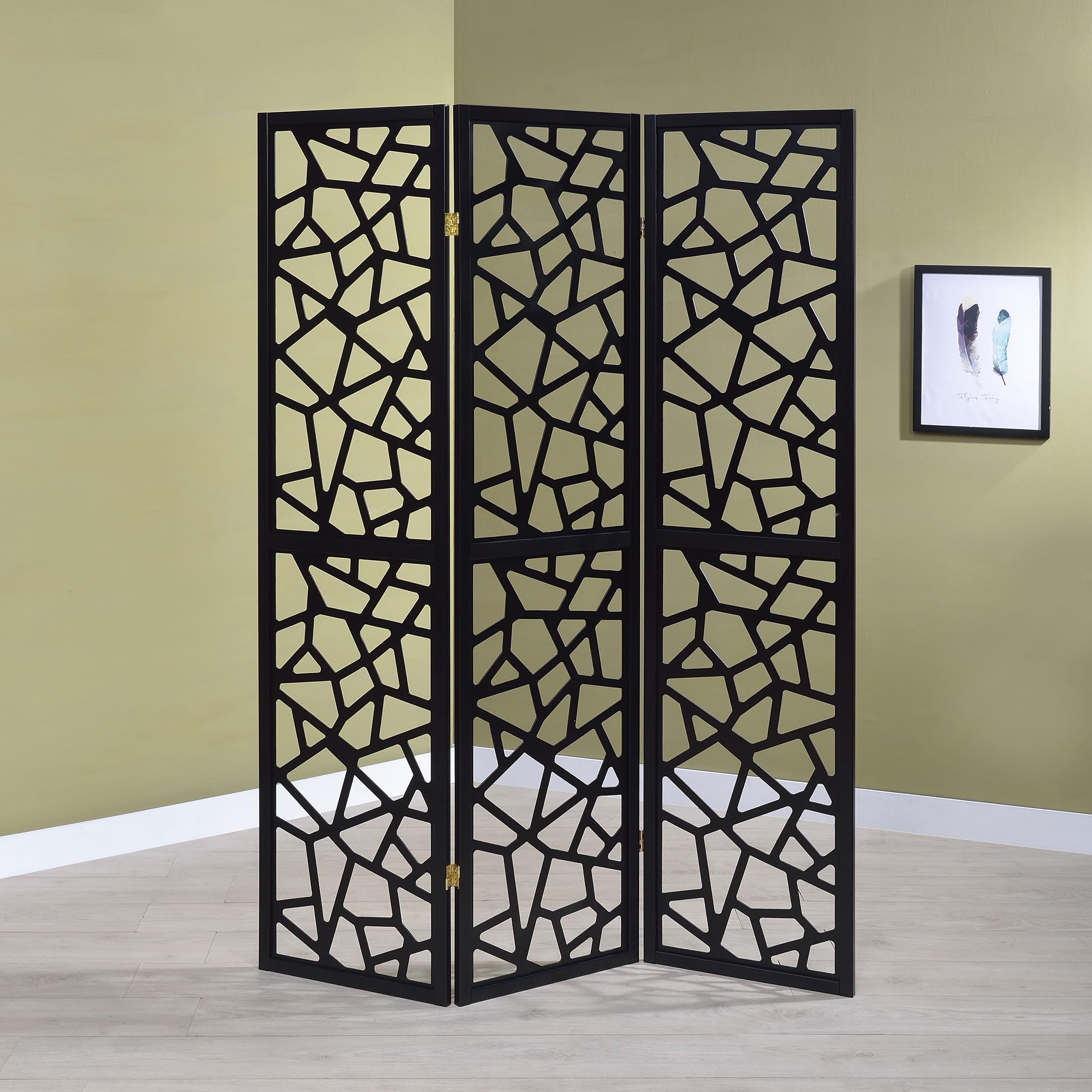 Coaster Home Furnishings Nailan 3-Panel Open Mosaic Pattern Room Divider Screen - Black Modern Folding Partition for Living Room, Bedroom & Office Privacy
