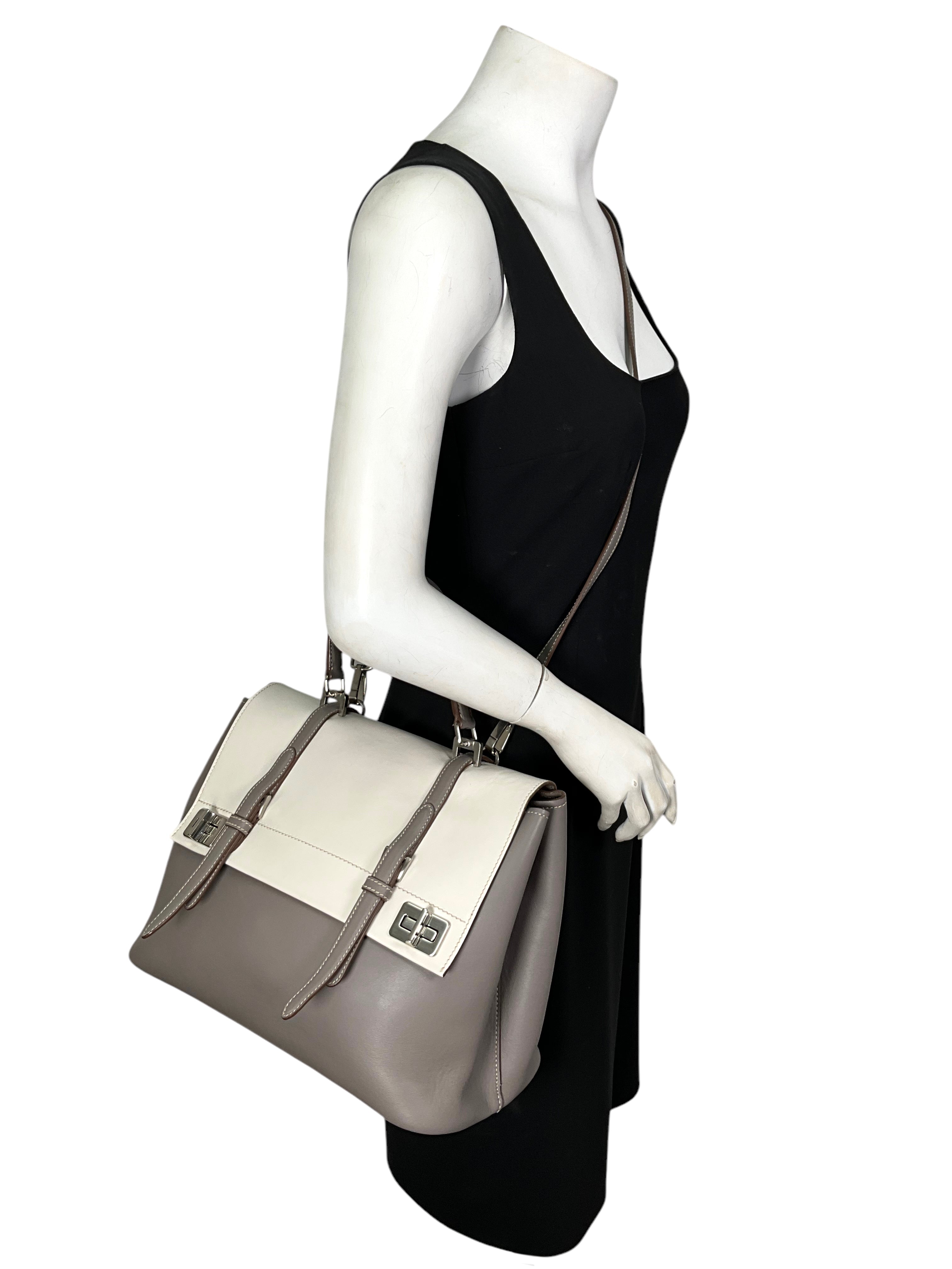 PRADA Dual Flap Double Turn Lock Satchel Handbag - Genuine Calfskin Leather Large Tote Bag for Women | Perfect for Work, Travel & Everyday Use
