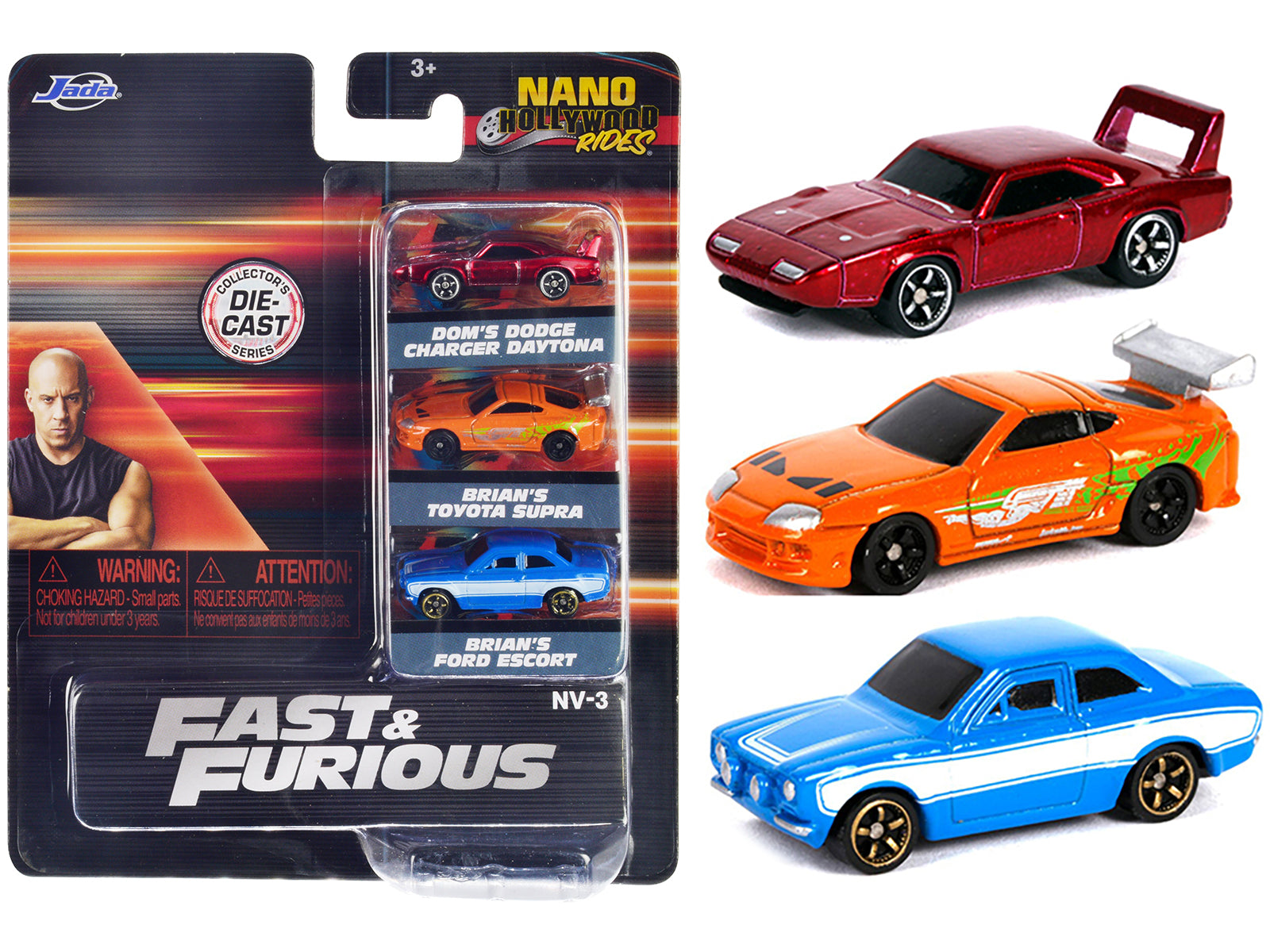 Jada Fast & Furious 3-Piece Nano Hollywood Rides Series 1 Diecast Model Cars Set - Collectible Toy Cars for Movie Fans & Display