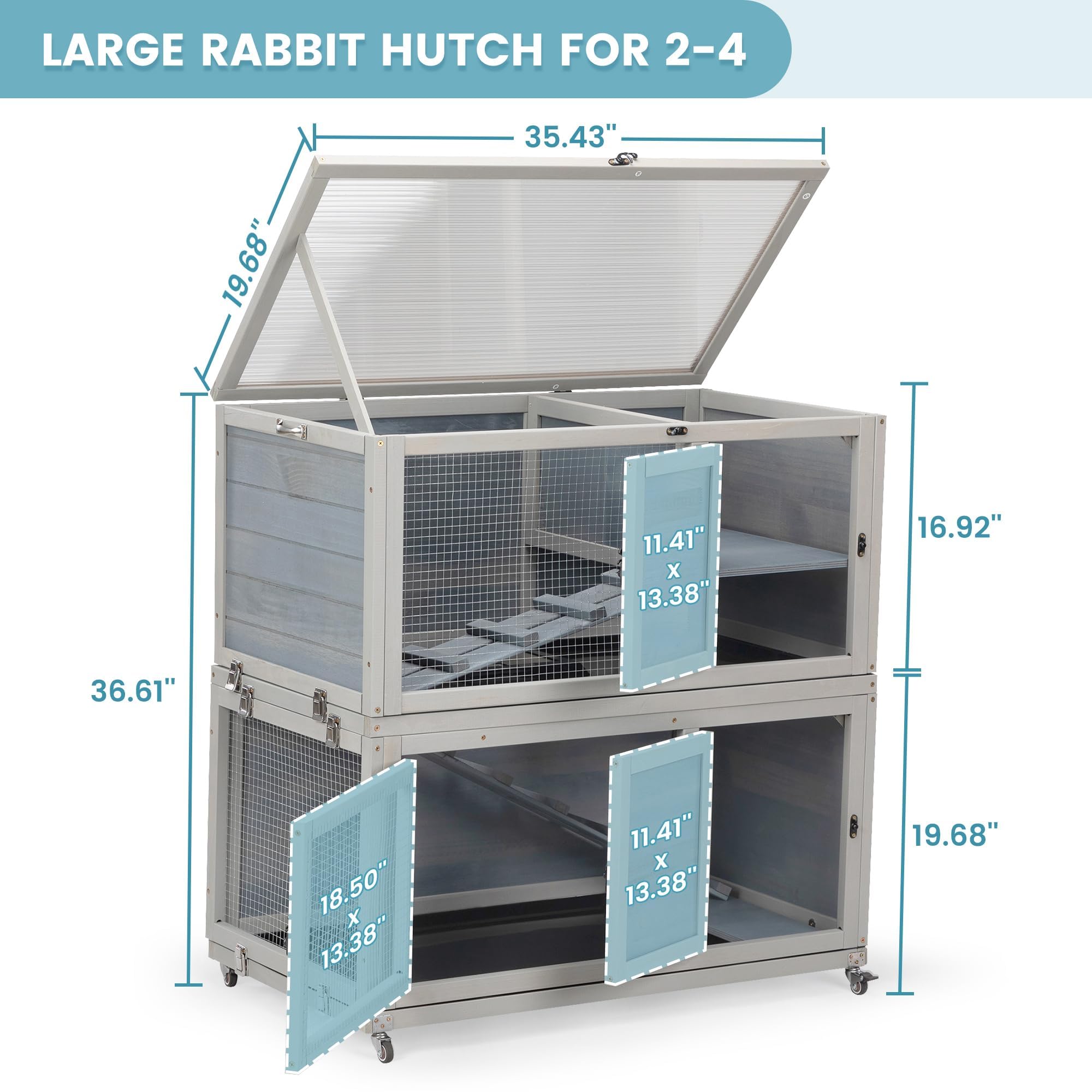 2-Story Wooden Rabbit Hutch - Weatherproof Indoor/Outdoor Bunny Cage with Wheels, Pull-Out Tray & Non-Slip Ramp - Grey Pet House for Rabbits, Guinea Pigs & Small Animals - Perfect for Backyard, Garden or Patio Use