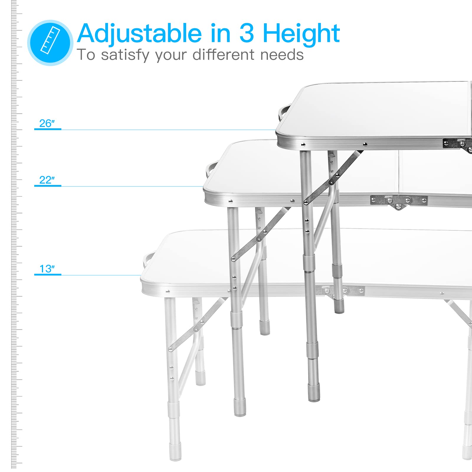 Rainfally 3FT Folding Picnic Table - Adjustable Height Aluminum Camping Table, Portable Fold-in-Half Dining Table for Outdoor, Indoor, Travel & BBQ (35.5