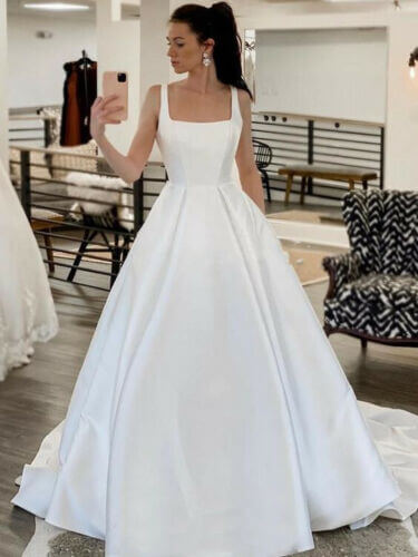 Elegant Satin Minimalist Wedding Dress - Square Neck Plus Size Bridal Gown for Beach, Church & Formal Ceremonies