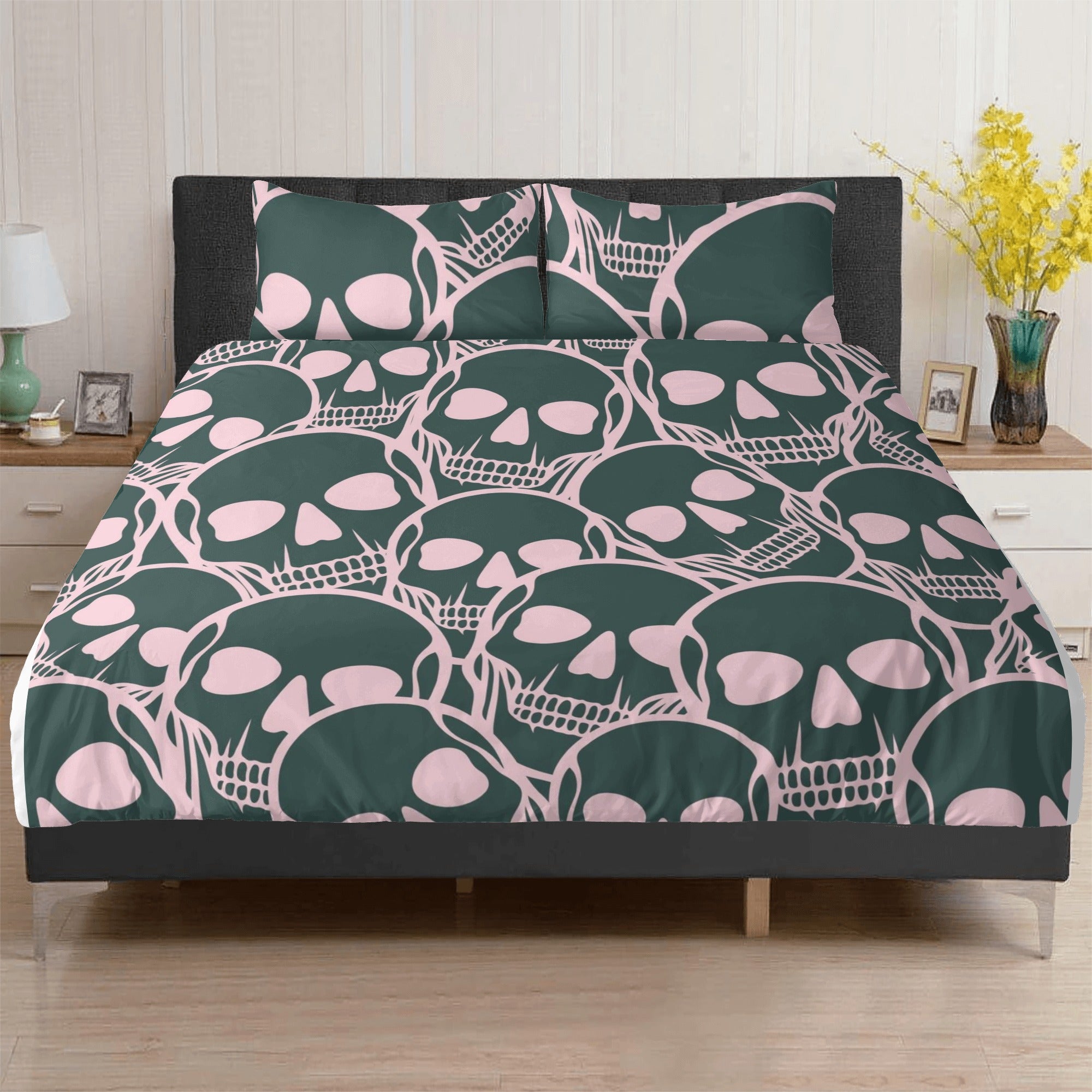 Stylish Pink and Black Skull Head 3-Piece Bedding Set - Soft Comforter, Pillowcases & Sheet for Gothic, Punk or Teen Room Decor