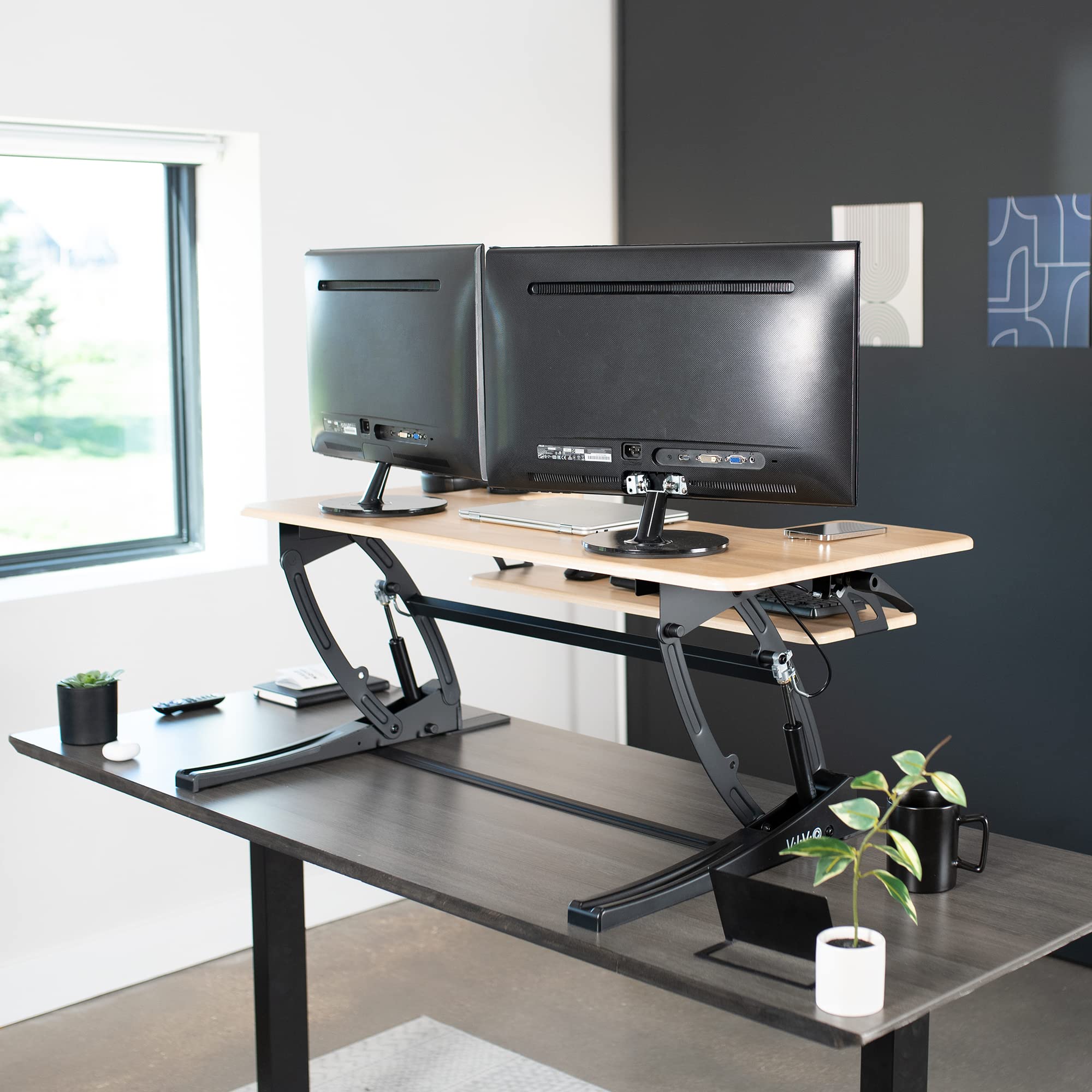 VIVO V Series 36 Inch Height Adjustable Stand Up Desk Converter - Quick Sit to Stand Tabletop Dual Monitor Riser Workstation with Light Wood Top & Black Frame (DESK-V000VO) - Perfect for Home Office, Gaming Setup & Workspace Ergonomics