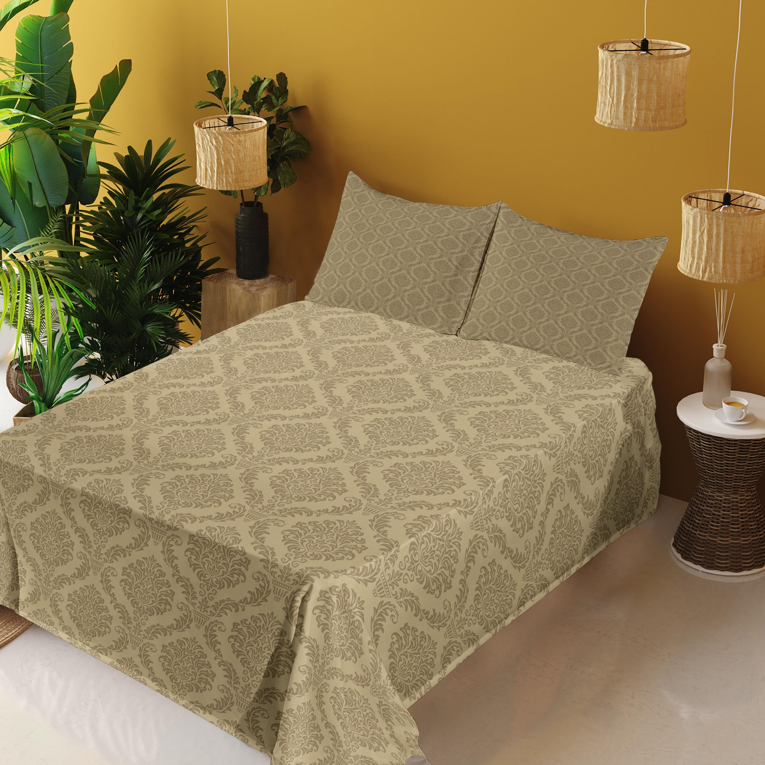 Ambesonne Damask King Sheet Set - 4 Piece Bedding with Floral Print, Soft Khaki & Symmetrical Design | Fitted & Flat Sheets + Pillowcases | Perfect for Master Bedroom, Guest Room & Luxury Hotel Decor