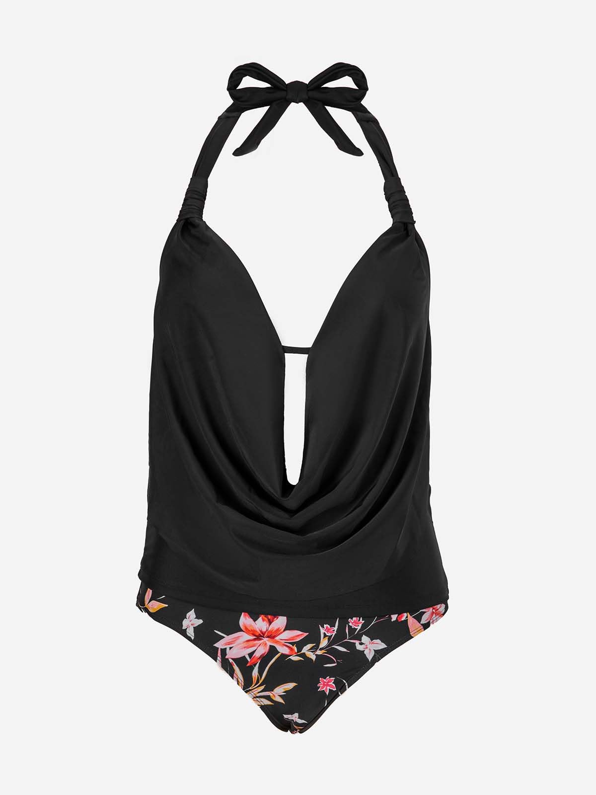 CUPSHE Women's Halter Deep V Cowl Neck Tankini Swimsuit - Low Back Two Piece Bathing Suit for Beach, Pool & Vacation