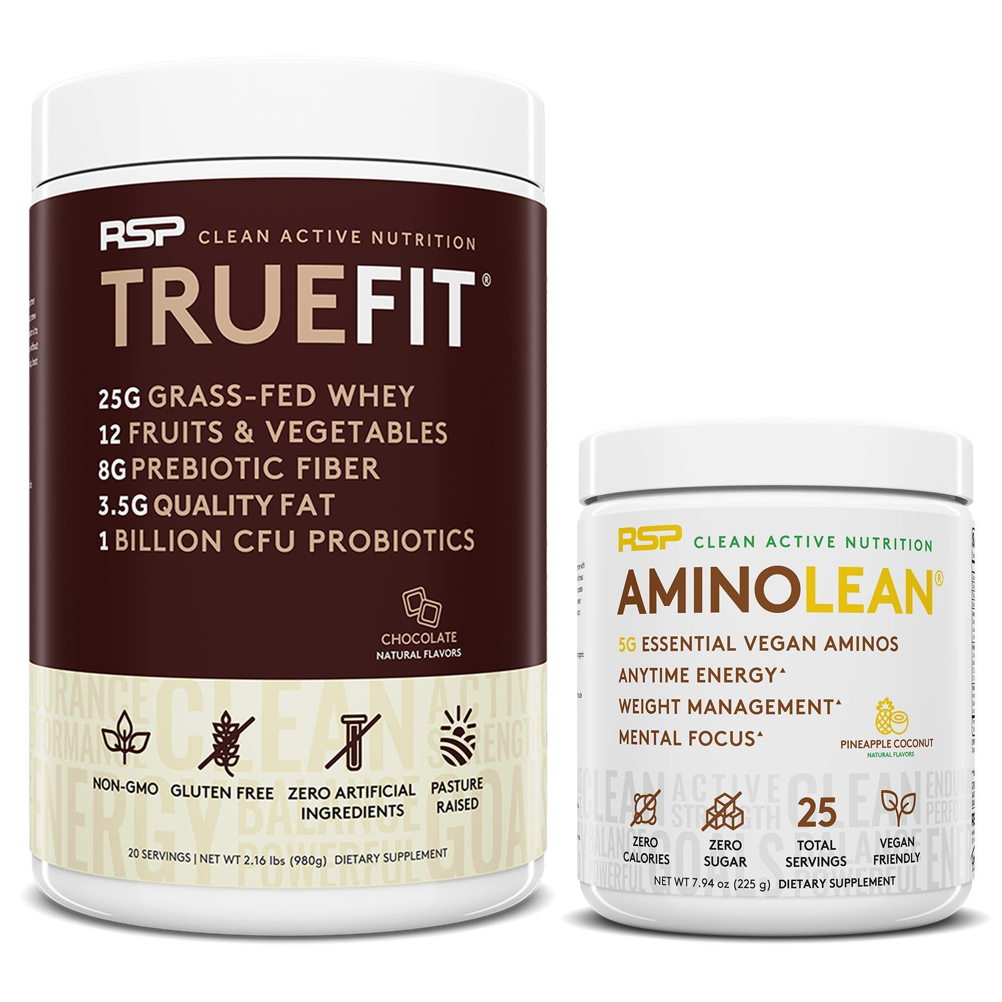 RSP NUTRITION Vegan AminoLean Pre Workout Energy Supplement - Pineapple Coconut Flavor (25 Servings) & TrueFit Protein Powder - Chocolate (2 LB) | Boost Performance & Muscle Recovery for Gym & Fitness Enthusiasts