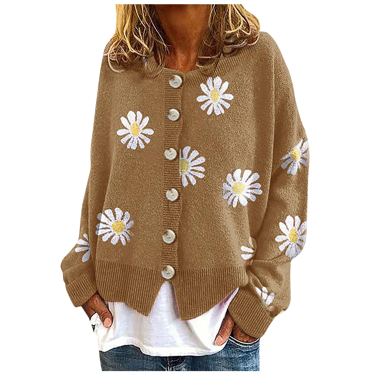 Women's Daisy Print Cropped Cardigan Sweater - Long Sleeve Button Up O-Neck Lightweight Knit Top for Spring/Summer Fashion | Casual Outfits, Layering, Office Wear & Date Night Looks