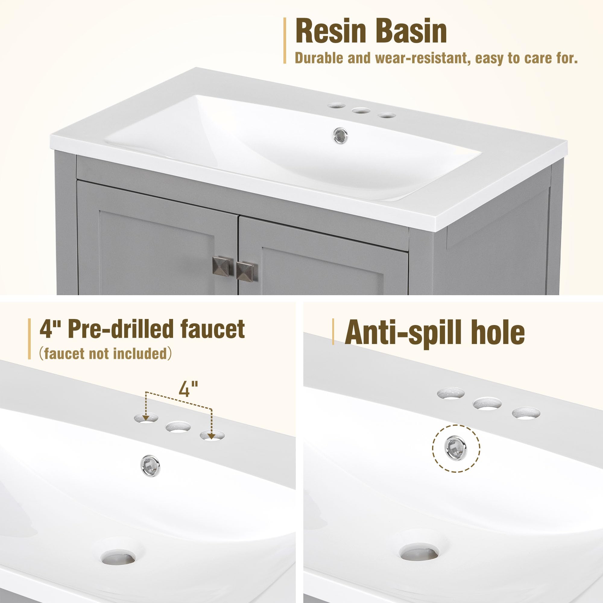 30 Inch Grey Bathroom Vanity with Sink - 2 Door Storage Cabinet & Drawer, Multifunctional Bathroom Sink Cabinet (30