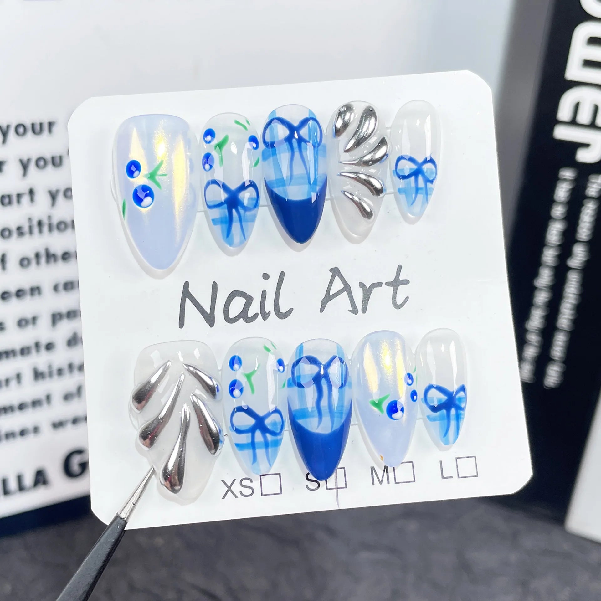 10Pcs Y2K Sweet Cool Almond Handmade Gel Press on Nails - 3D Blue False Nails with Metallic Bow Design & Glue | Acrylic Nail Tips for Parties, Weddings, Prom & Special Occasions