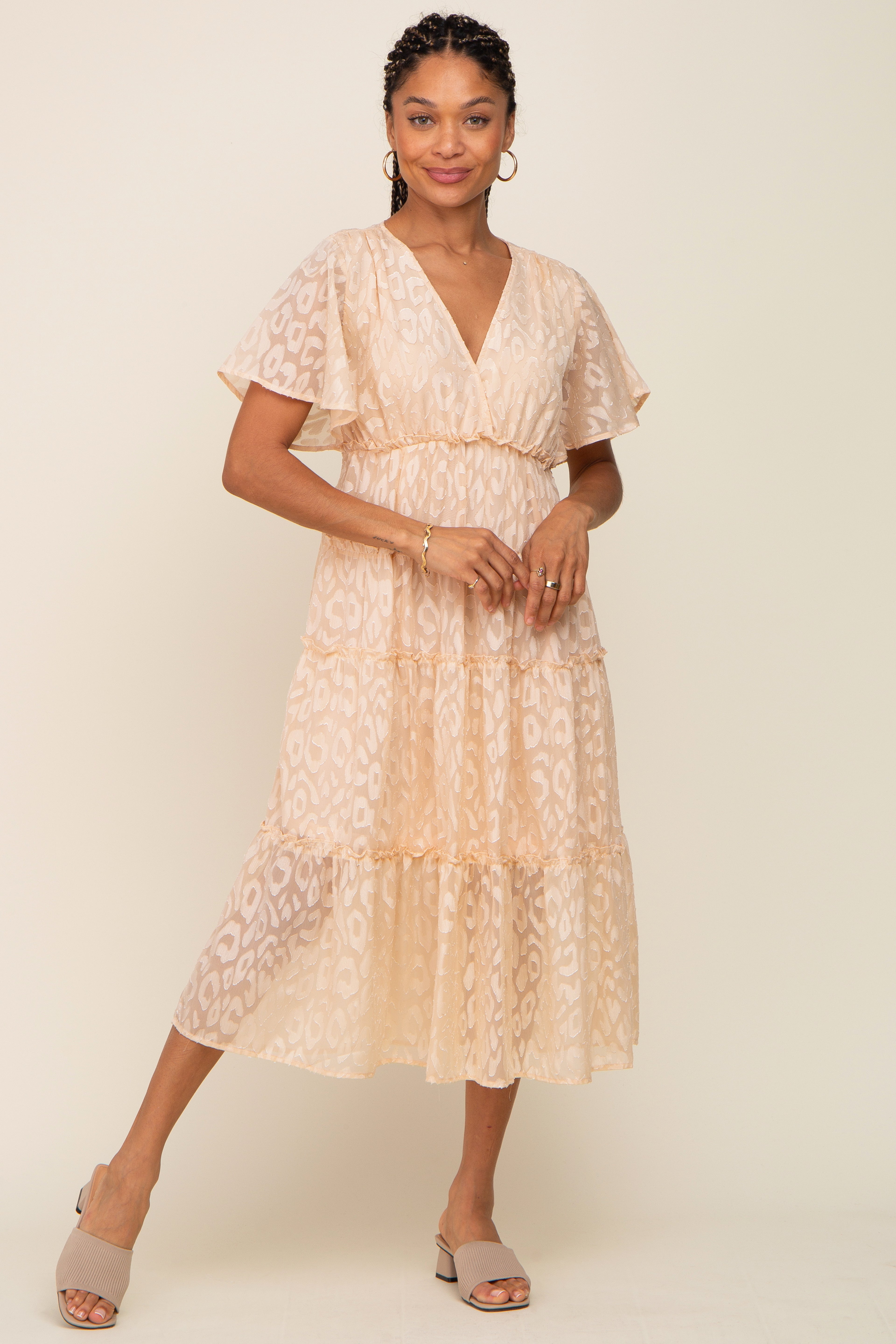 Beige Chiffon Animal Print Tiered Midi Dress for Women - Elegant Flowy Summer Dress with Boho Style - Perfect for Beach Vacations, Date Nights & Outdoor Parties