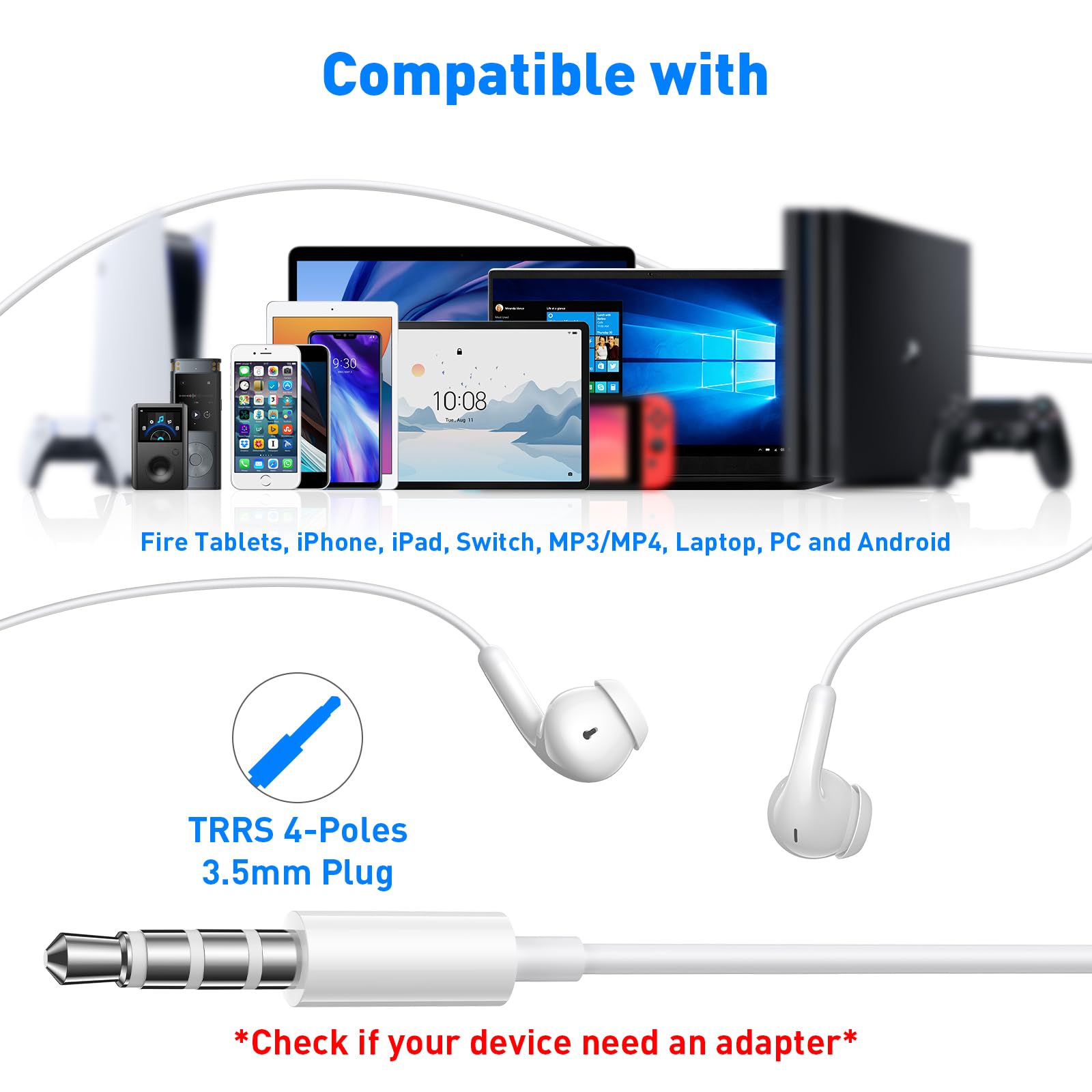 Wired Earbuds with Microphone & Volume Control - 3.5mm Lightweight In-Ear Headphones for MacBook Pro/Air, iPhone, Samsung, Android, PC, Gaming Console - Perfect for School, Work, Gaming & Travel