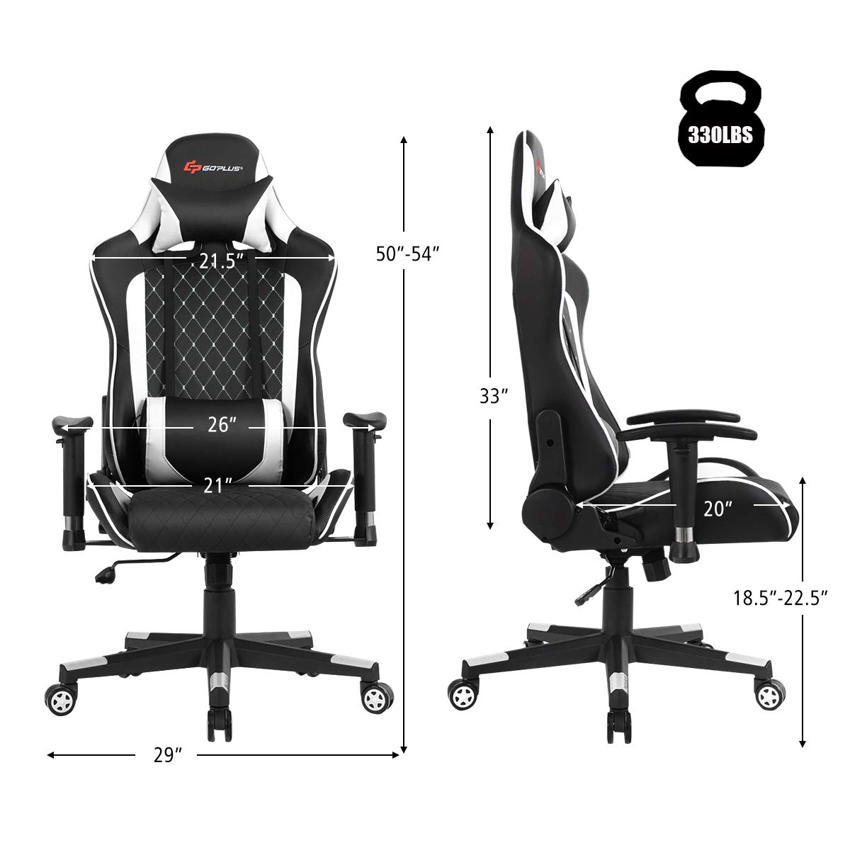 POWERSTONE Ergonomic Gaming Chair with Adjustable Armrests, Massage Lumbar Support & Wide Seat Cushion - Reclining Office Computer Chair for Adults - Perfect for Gaming, Working & Home Office (White)