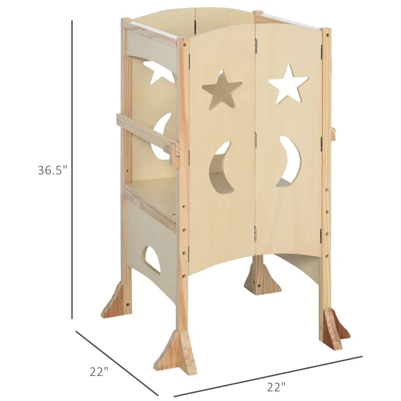 Qaba Kids Toddler Tower - Natural Wood Learning Step Stool for Kitchen, Montessori Helper for Babies & Toddlers - Safe Standing Platform for Cooking, Baking & Learning Independence