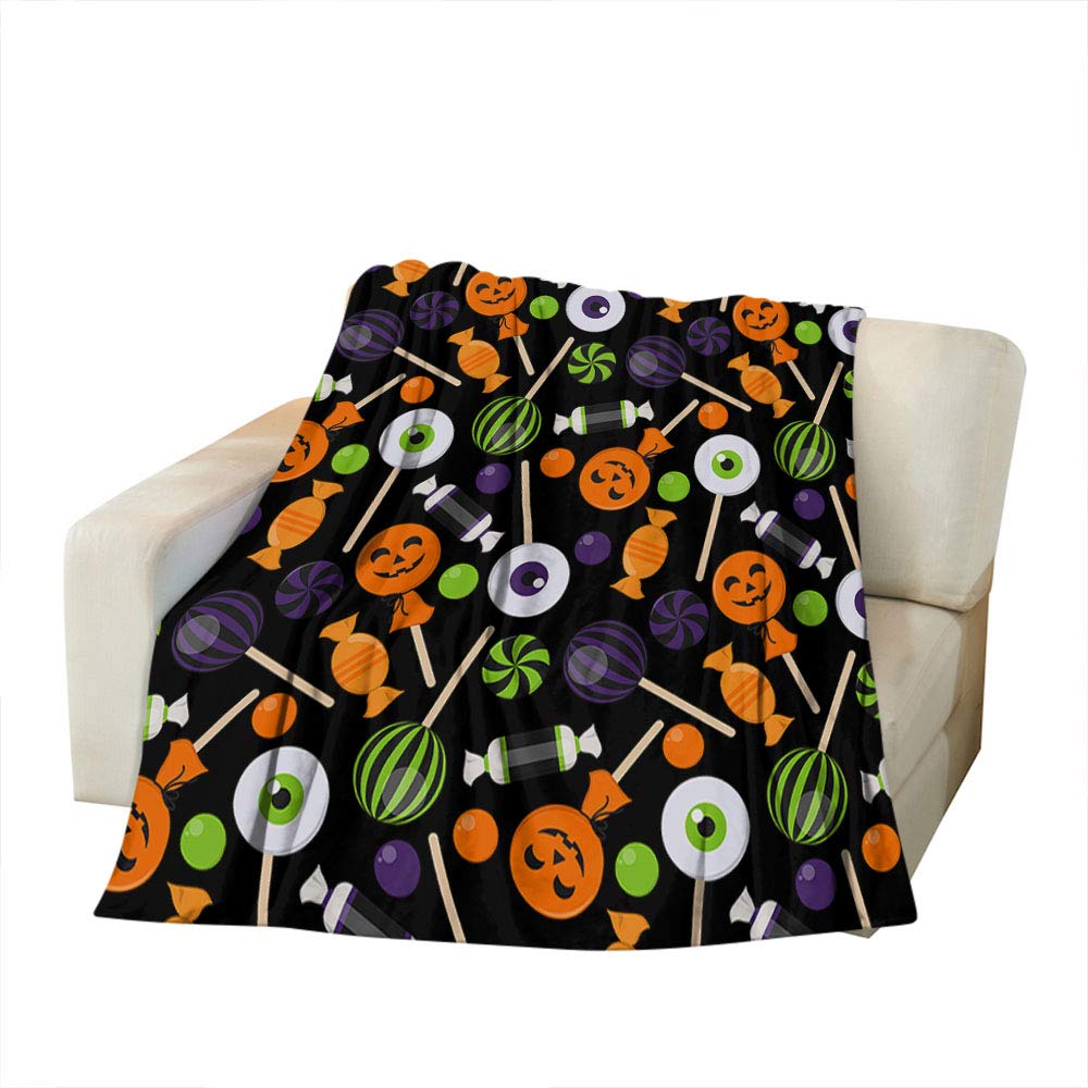 Halloween Pumpkin Candy Lollipop Green Eyes Throw Blanket 50x60 Inch - Soft Flannel Plush Blanket for Couch, Bed, Boys & Girls - Perfect for Halloween Decor, Movie Nights & Cozy Gift Giving