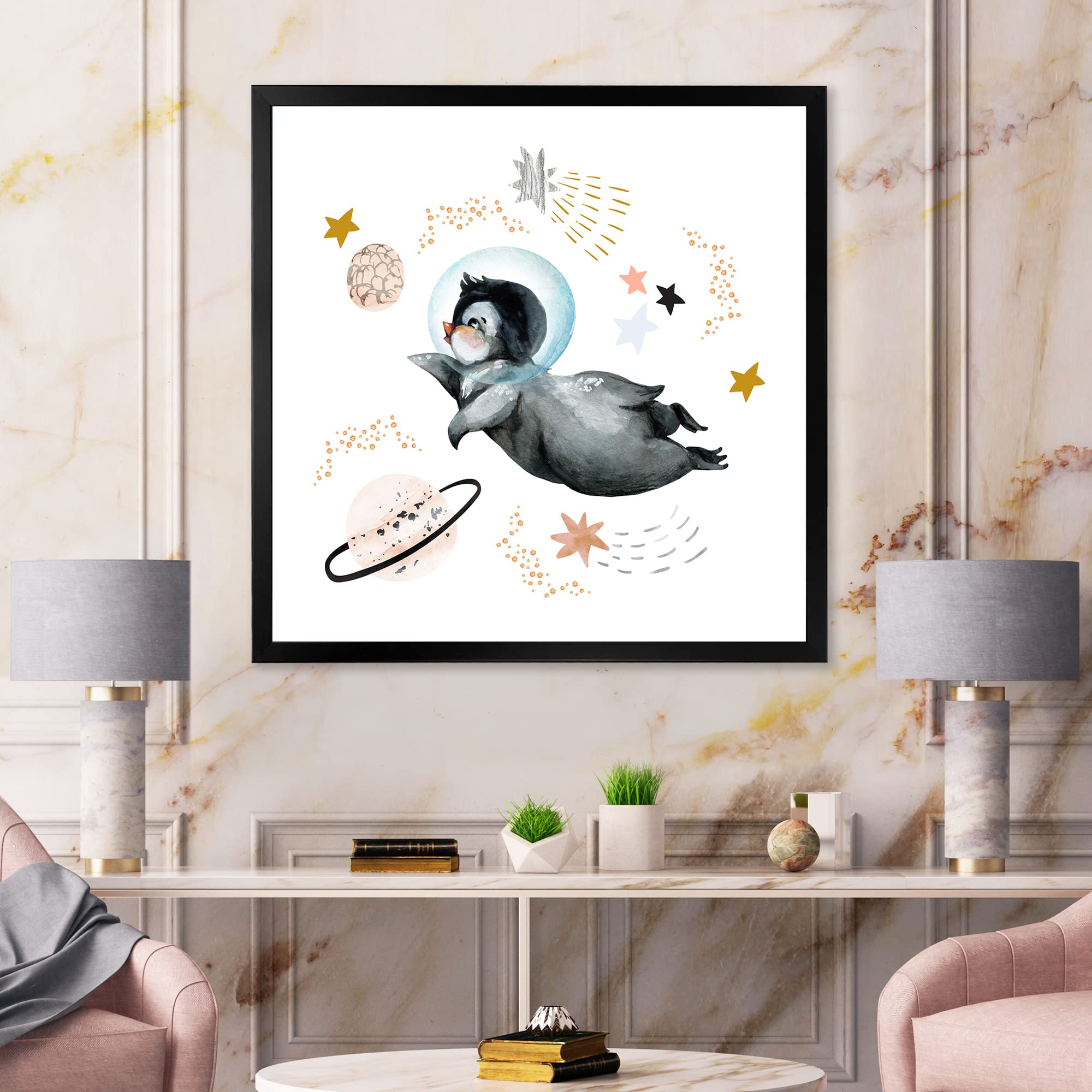 DesignQ Little Penguin Flying Stars and Planets II Farmhouse Framed Wall Art - Nursery Decor, Kids Room Wall Art, Living Room Decor, Perfect Gift for Baby Shower & Birthday