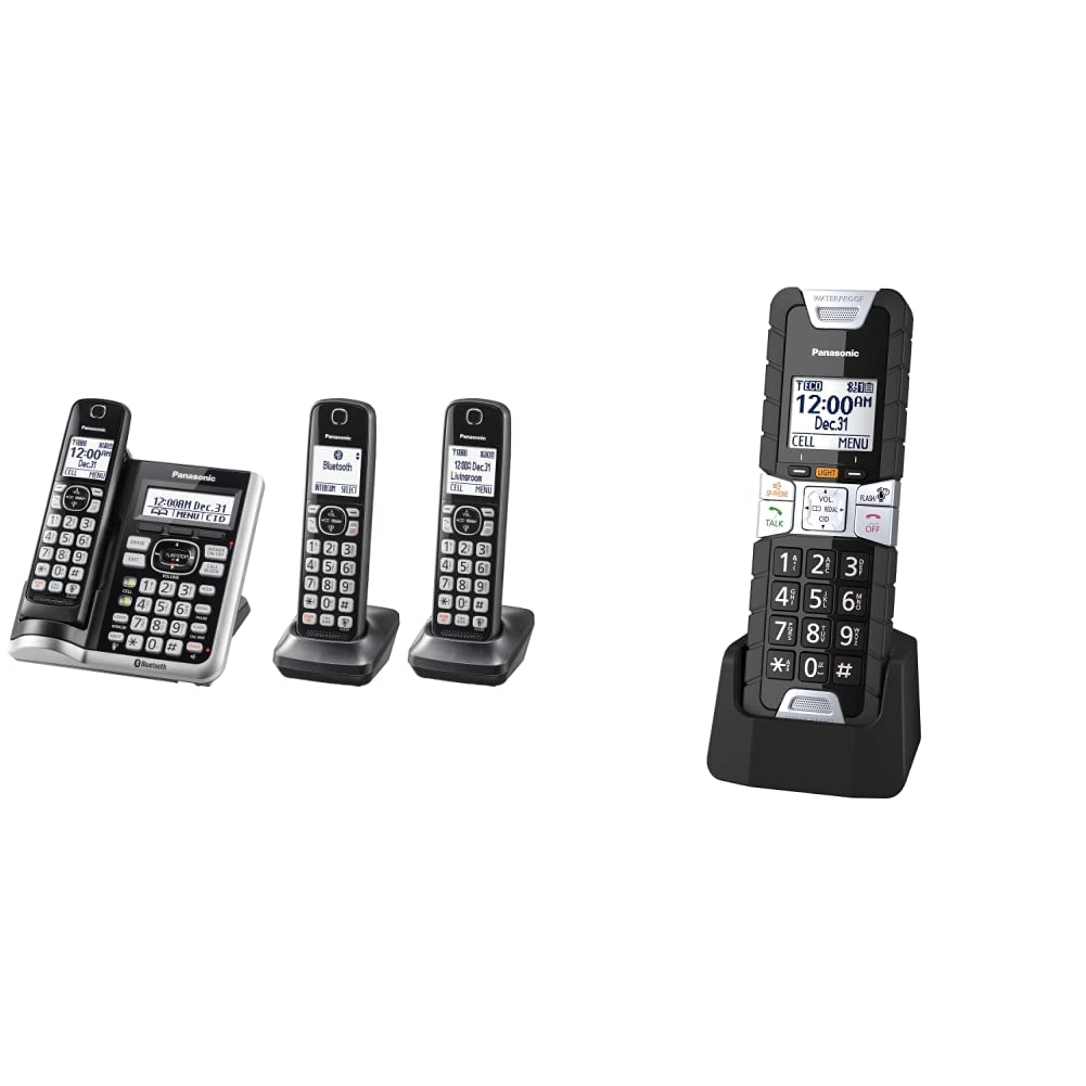 **Panasonic Link2Cell Bluetooth Cordless Phone System with Rugged Handset – Black/Silver Trim – Home & Office Use for Reliable Wireless Communication**