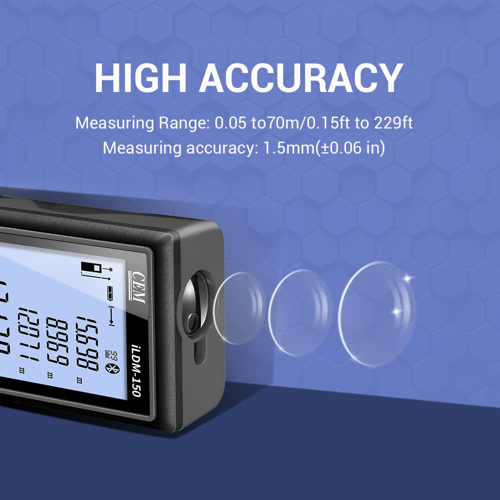 Premium CEM Laser Distance Measure with Bluetooth - 229ft Range, IP54 Waterproof Laser Measuring Tool for Pythagorean, Angle, Area & Volume Calculations | Min/Max Function, M/In/Ft Unit Switch | Includes Batteries, Tripod Thread & Backlight - Perfect for Construction, DIY Projects & Home Renovation