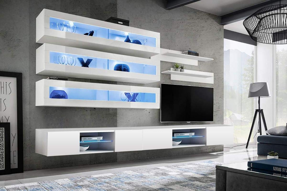 Modern White Wall-Mounted TV Stand with Storage Shelves & LED Lights - J2 33