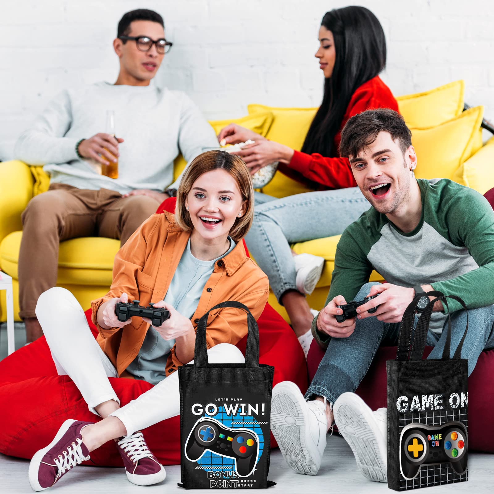 24 Pack Video Game Themed Gift Bags - Reusable Party Favors with Handles for Birthday, Baby Shower & Game Night - Non-Woven Goody Treat Bags for Kids & Adults