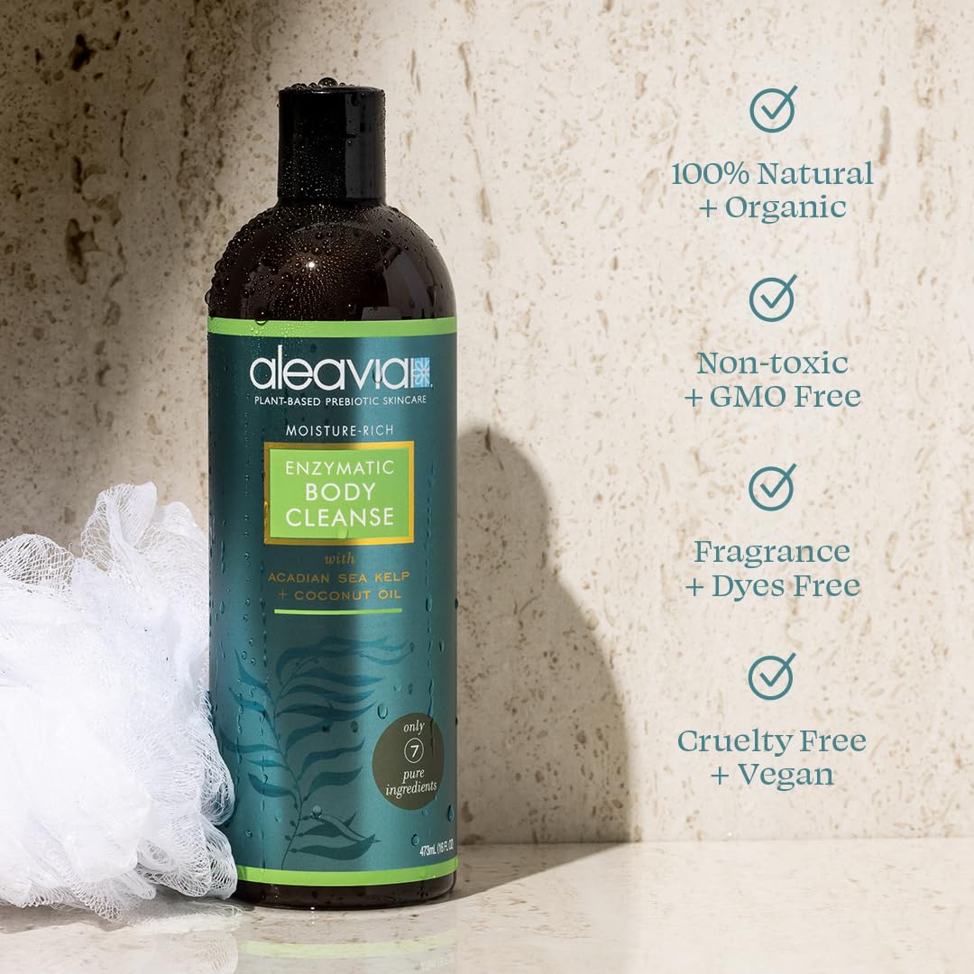 Aleavia Organic Prebiotic Body Wash - All-Natural, Fragrance-Free & Sulfate-Free Enzymatic Cleanser for Sensitive Skin - 16 oz Bottle - Ideal for Daily Shower, Post-Workout & Eczema-Prone Skin Care