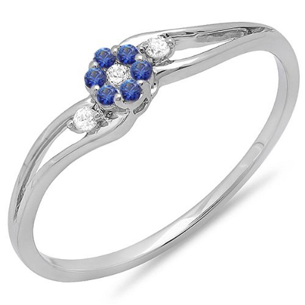 Dazzlingrock 14K Solid White Gold Round White Diamond & Blue Sapphire Women's Bridal Swirl Split Shank Cluster Promise Ring - Elegant Engagement, Anniversary Gift for Her