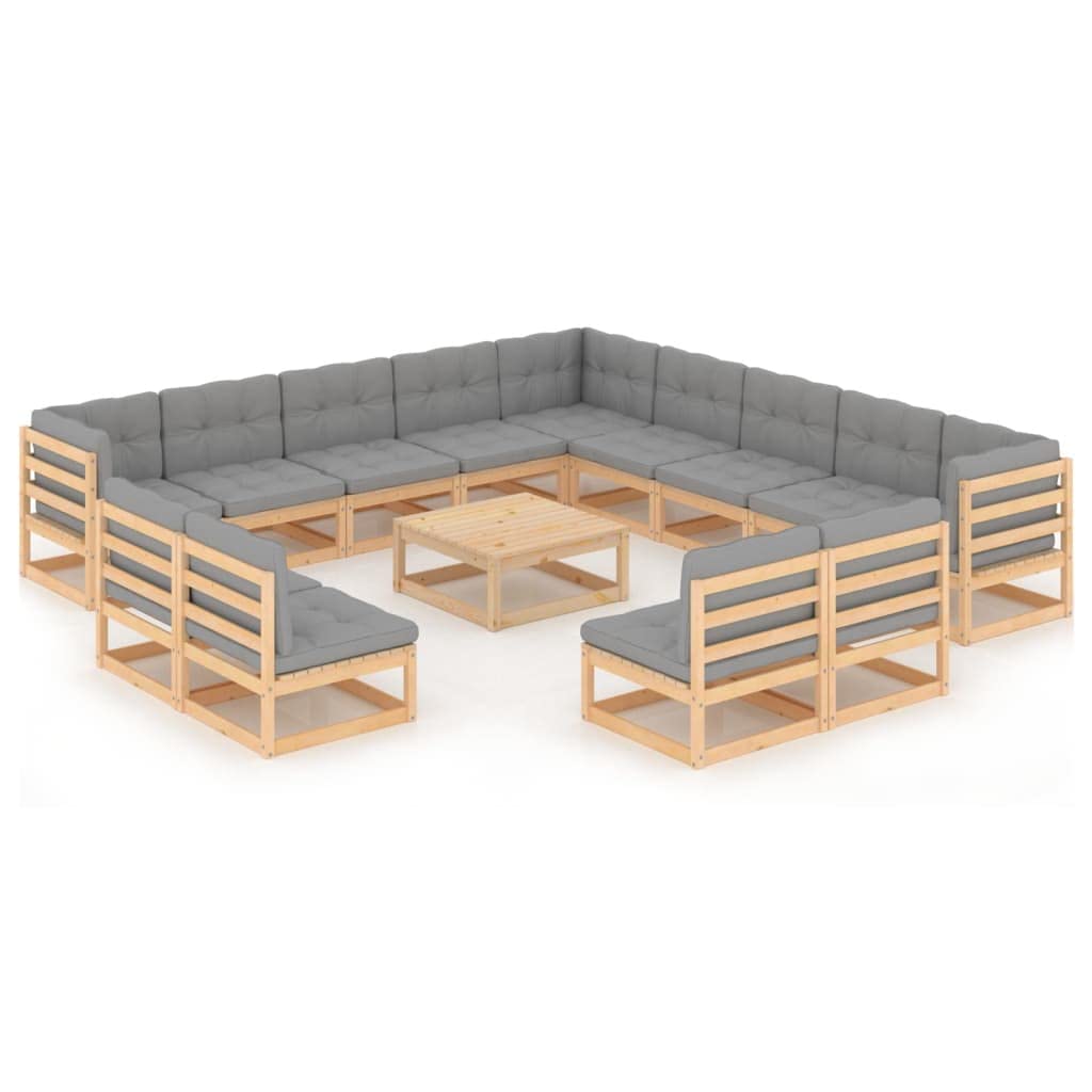 14-Piece Solid Pinewood Garden Lounge Set with Cushions - All-Weather Patio Furniture, Outdoor Sectional Sofa Conversation Set with Dining Table & Chairs - Perfect for Backyard, Poolside, and Garden Relaxation