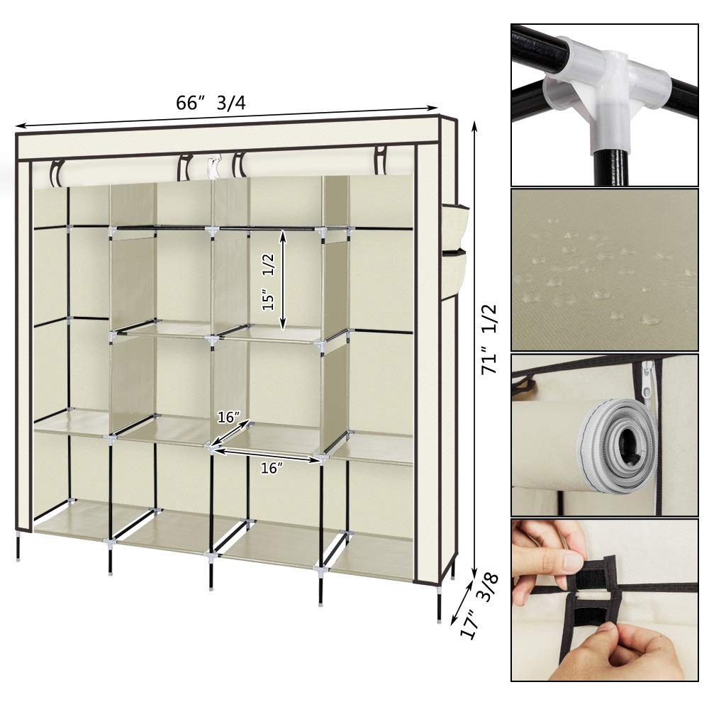 Portable Wardrobe Closet with 12 Shelves & 4 Side Pockets - Foldable Closet Organizer for Clothes Storage, Hanging Garments & Bedroom Organization - Durable & Easy to Assemble for Home, Dorm, or Travel Use