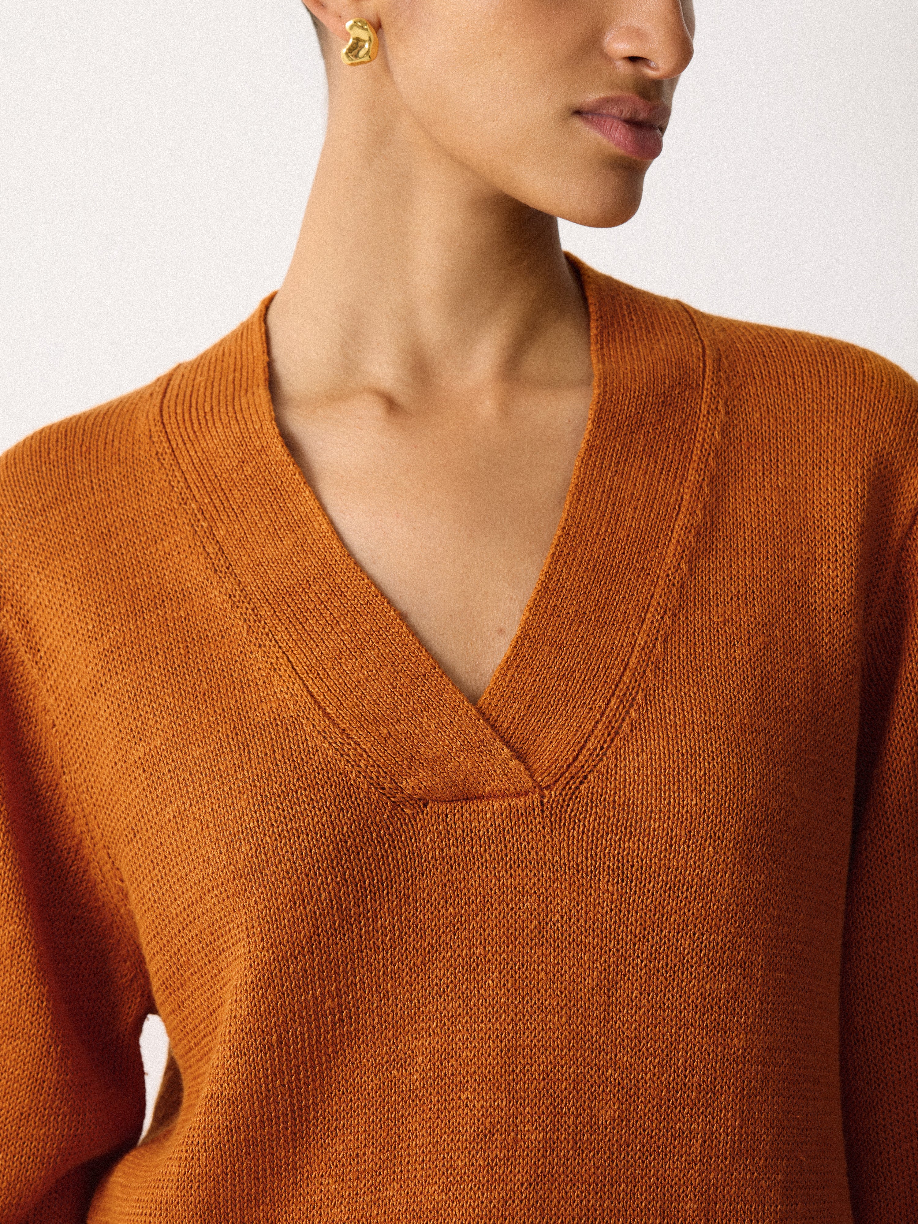 Linen V-Neck Slouchy Jumper Women's Casual Loose Knit Sweater - Orange | Perfect for Fall Layering, Weekend Outfits & Cozy Home Wear