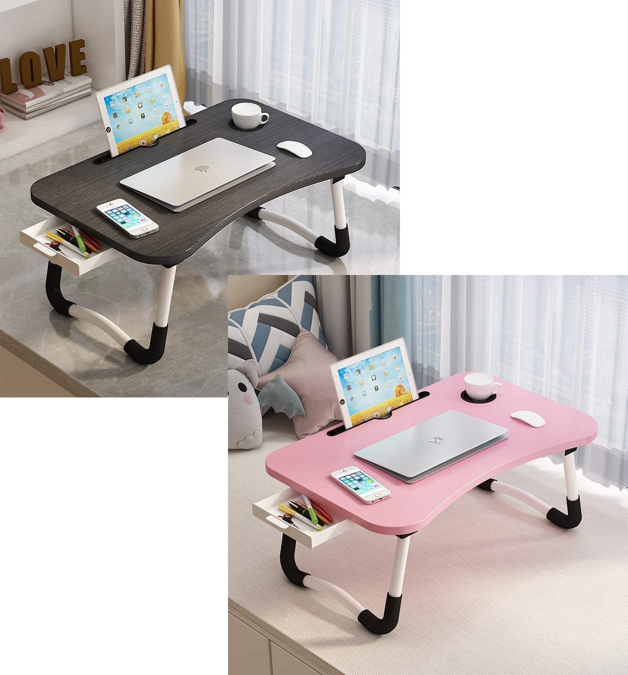 VebaCidi Twin Bed Desks with Drawer & Holder - Black & Pink for Dorm & Home Office