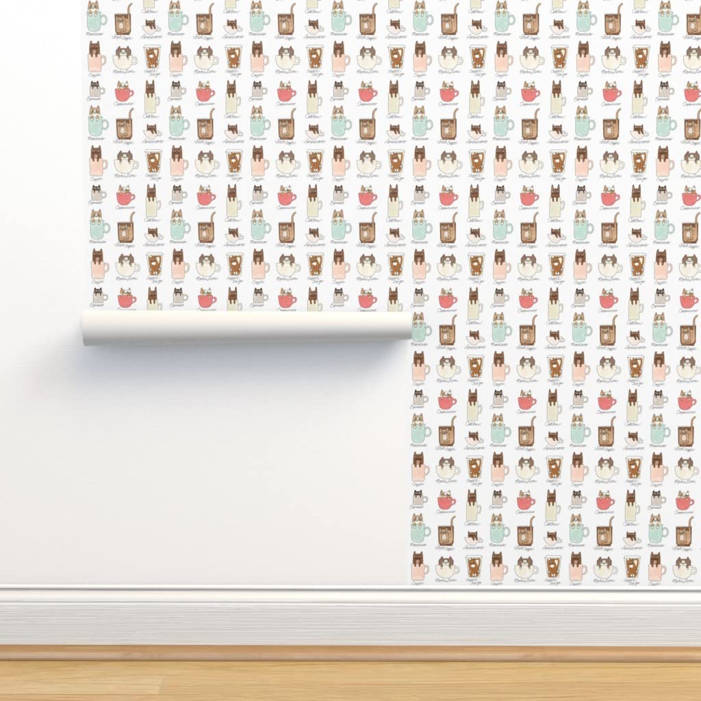 Peel & Stick Removable Wallpaper - Coffee Cats Watercolor Design | Funny Pet Kitty Latte Espresso Pattern | Custom Home Decor for Bedroom, Kitchen & Nursery | Spoonflower