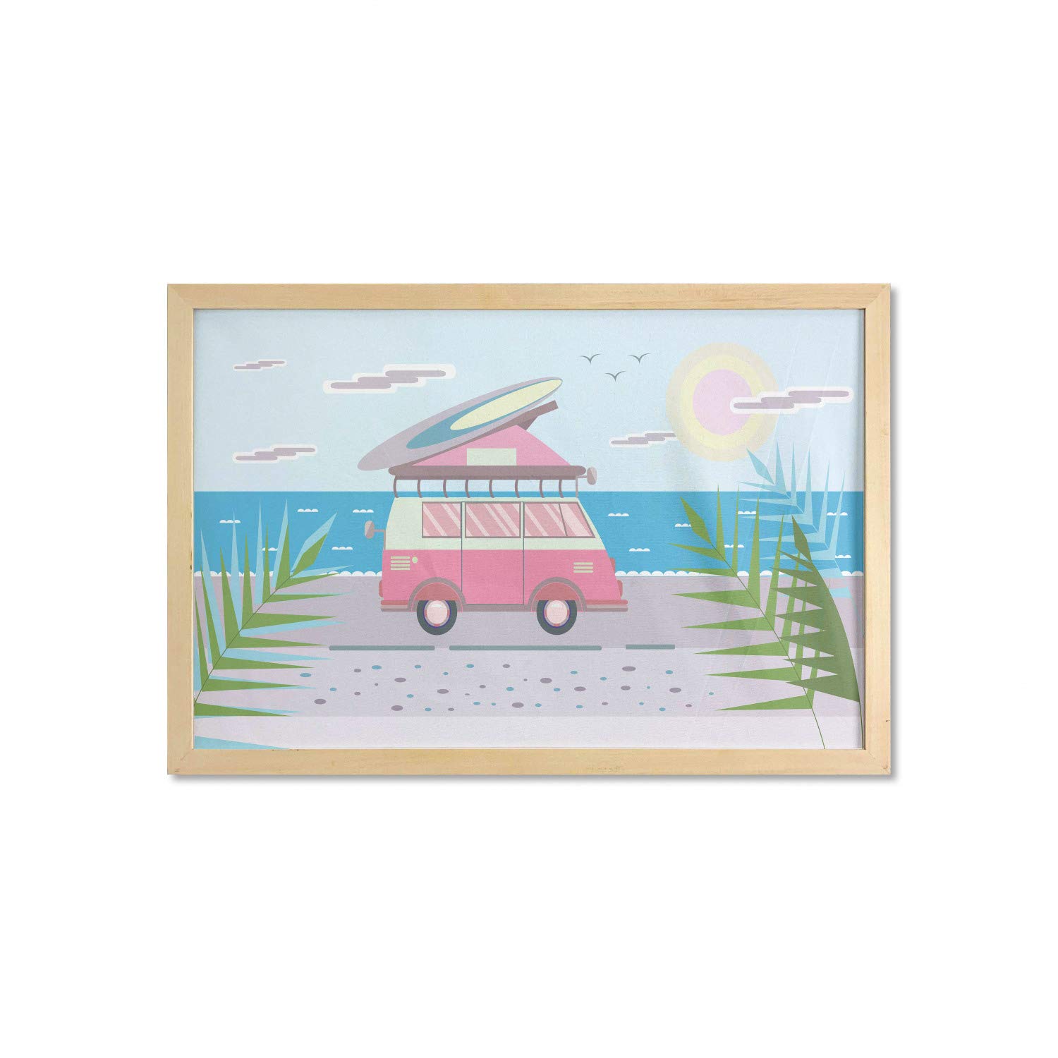 Ambesonne Happy Camper Wall Art with Frame - Summer Adventure Cartoon Print of Mini Van with Surfboard on Tropical Beach - 35