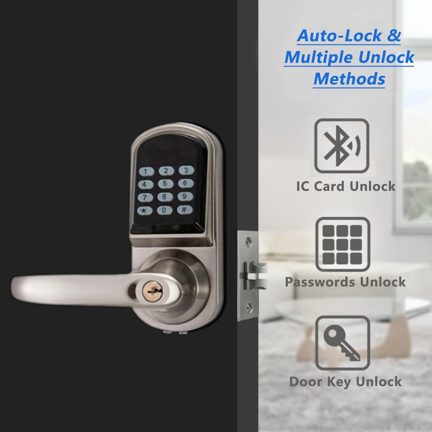 Smart Keyless Entry Auto-Lock Door Handle with Keypad & FOB Card - Left Handed Installation for Front Door Security | Perfect for Homes, Apartments & Vacation Rentals
