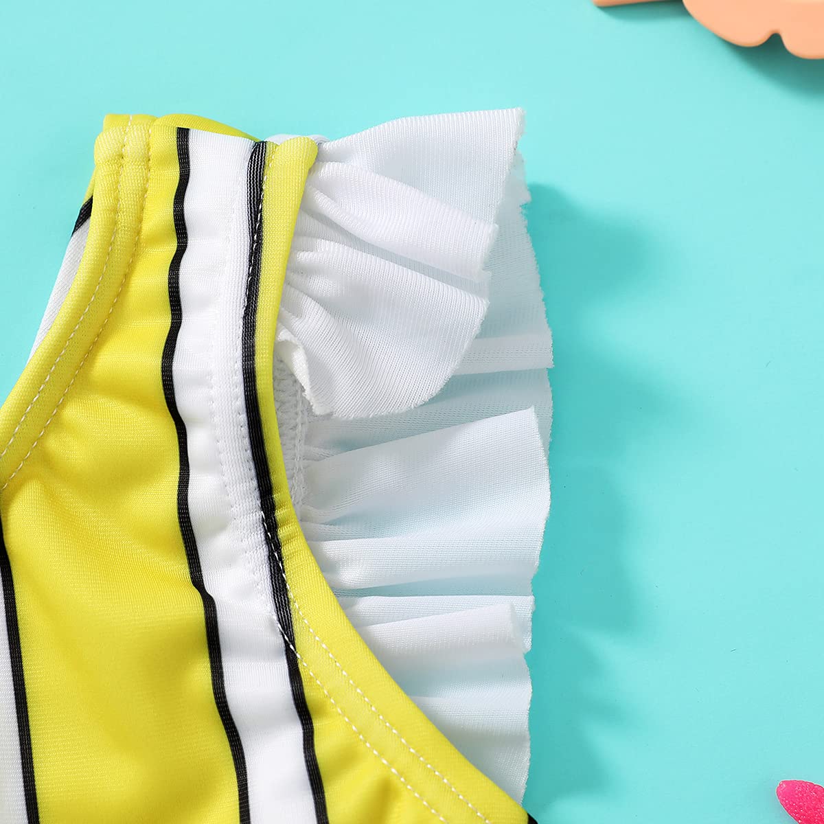 Toddler Girl Swimsuit Ruffle Sleeve Bikini Set - Beach & Pool Wear (Yellow Stripe, 12-18M)