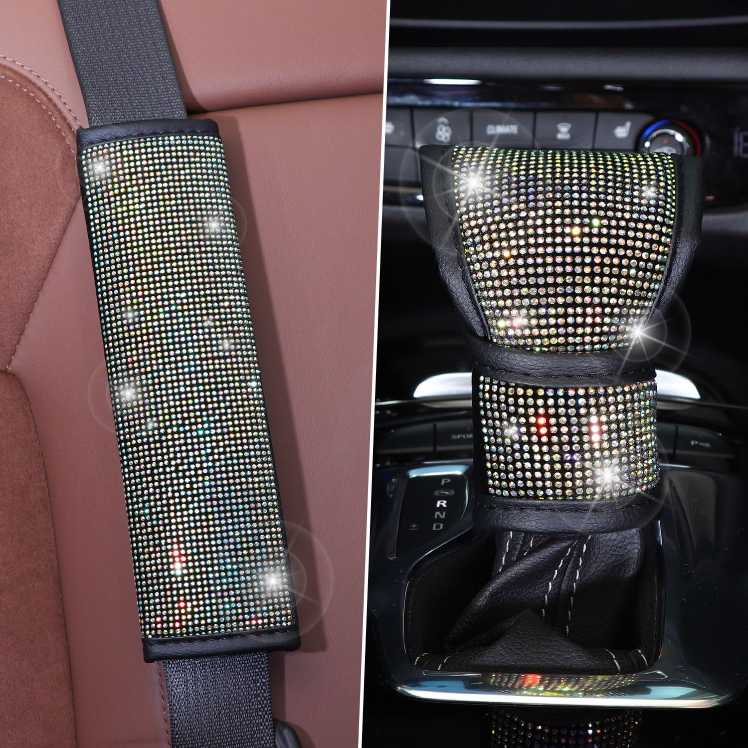 15 Inch Bling Car Steering Wheel Cover Set - 7 Pack Crystal Diamond Rhinestone Car Accessories with Seat Belt Cushion, Gear Shift Cover, Push Start Button Ring & Coasters - Perfect for Luxury Car Interior Decoration & Gift Giving