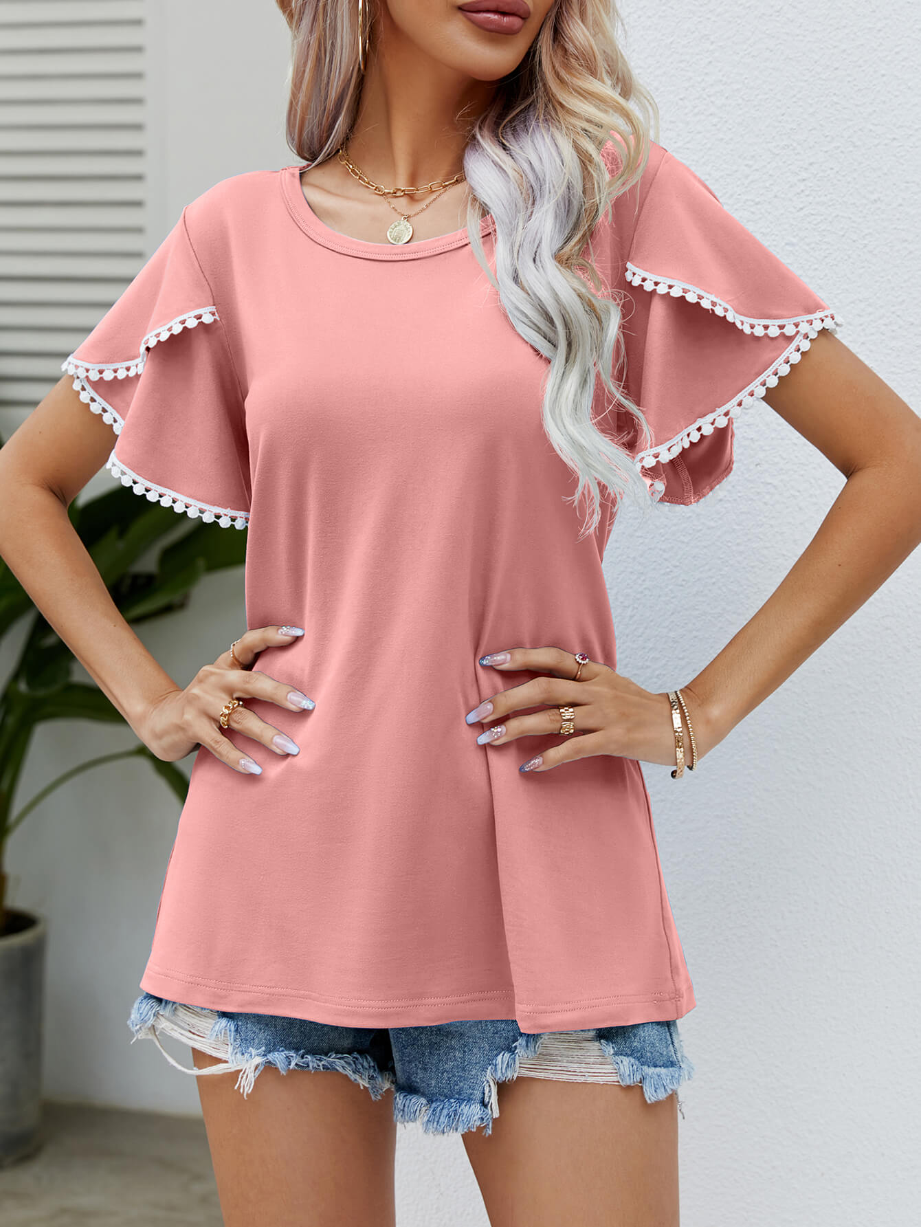 Pink Pom Pom Sleeve Vacation T-Shirt - Women's Casual Summer Top for Beach, Travel & Outfits