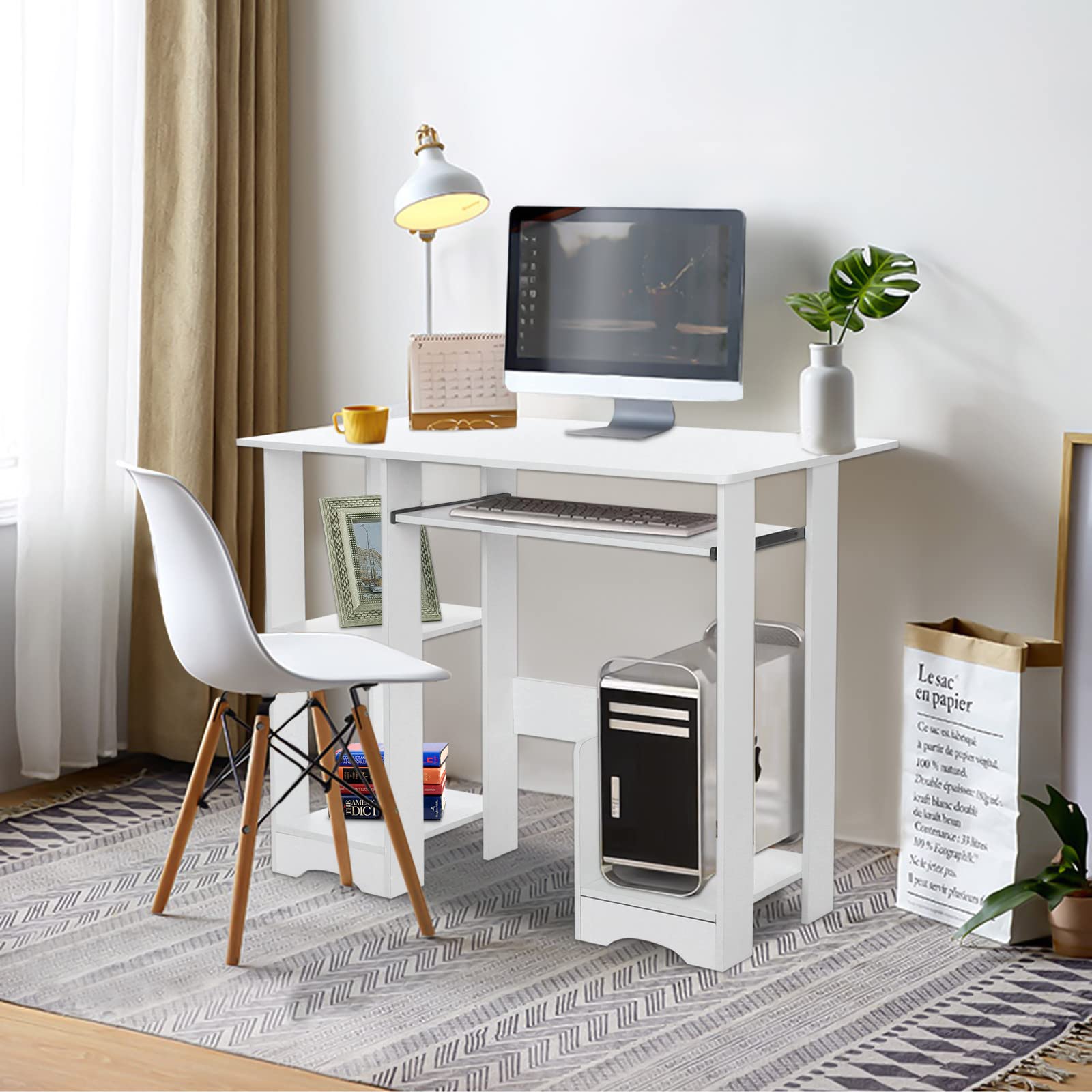 Ergonomic Home Office Computer Desk with Drawers & Hutch - Space Saving Silver White Study Desk for Dorm, Small Spaces & Workstations - Perfect for Remote Work, Online Classes & Compact Home Offices