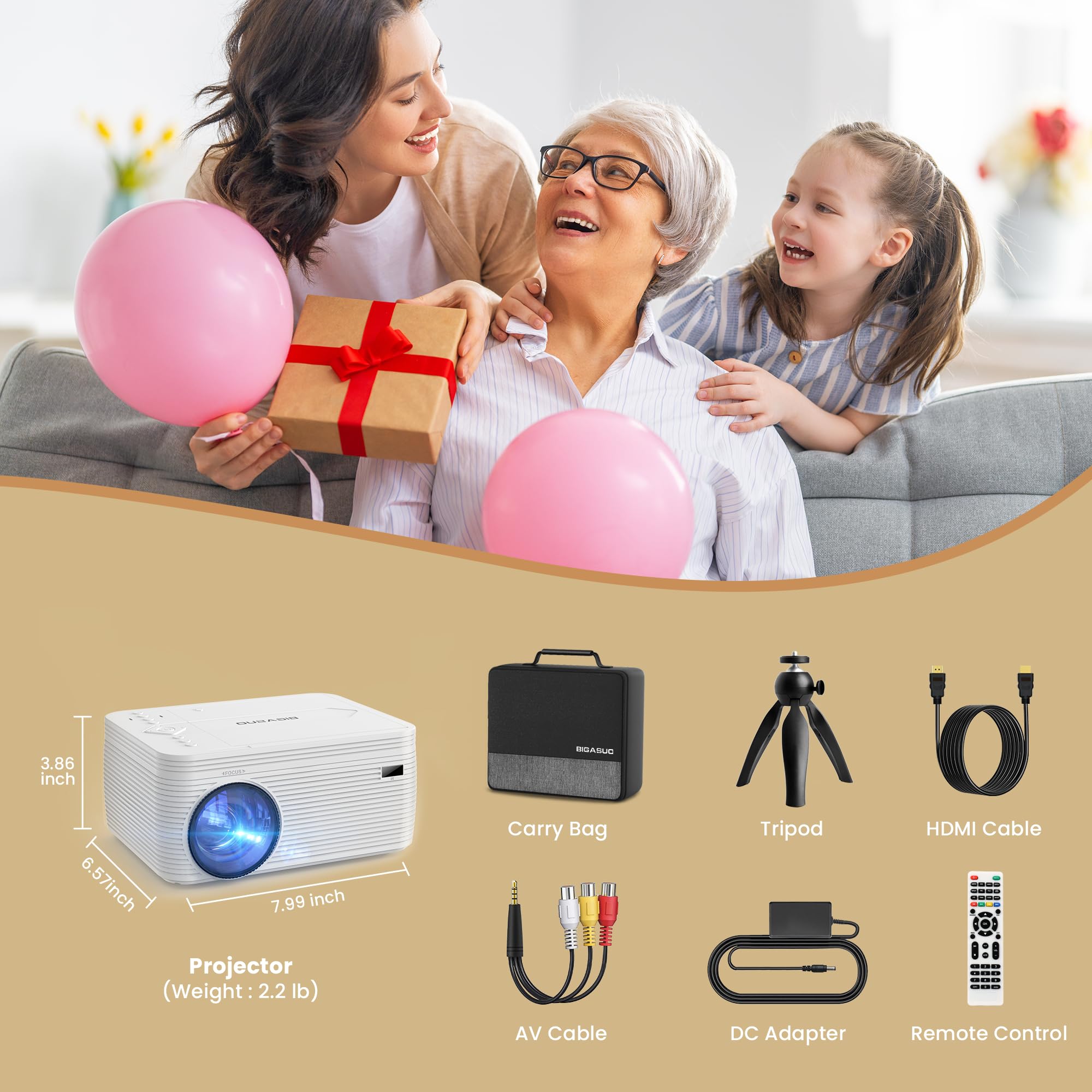 BIGASUO HD 9000L Bluetooth Projector with Built-in DVD Player | 1080P Mini Outdoor Movie Projector Supports 250