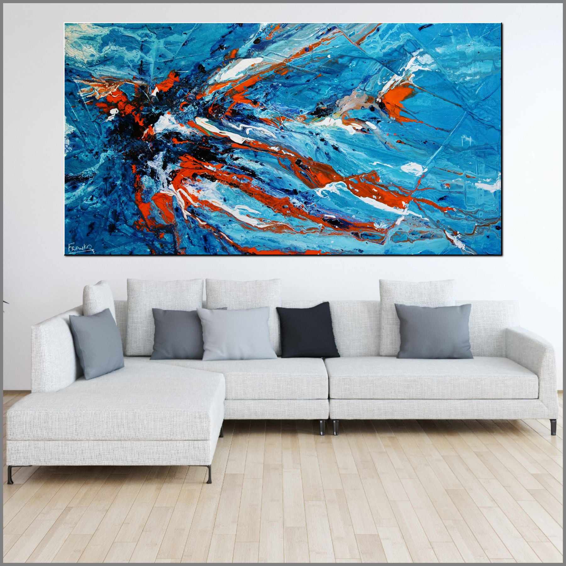 Blue and Orange Textured Abstract Canvas Painting - 190cm x 100cm Modern Wall Art for Living Room, Bedroom & Office Decor | Aqua Duct